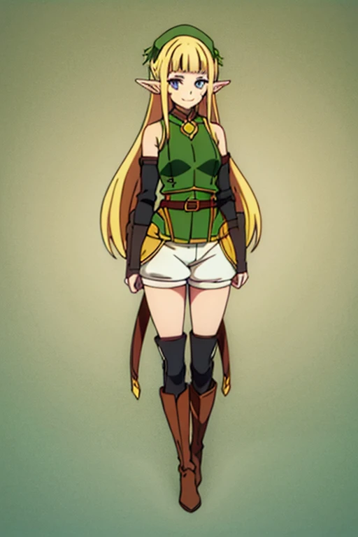 1girl in,Twin-tailed,side locks,Blonde hair,elf,Blue eyes,pointy ear,Long hair,Bangs,braid,Blunt bangs,side locks, Solo, face to the viewer, Looking at Viewer, Upper body, Smile, Hats,veils,Hair Ornament,Collar,Shoulder Armor,Hip Armor,Green vest,Detached sleeves,White shorts,elbow groves,thighs thighs thighs thighs,long boots
