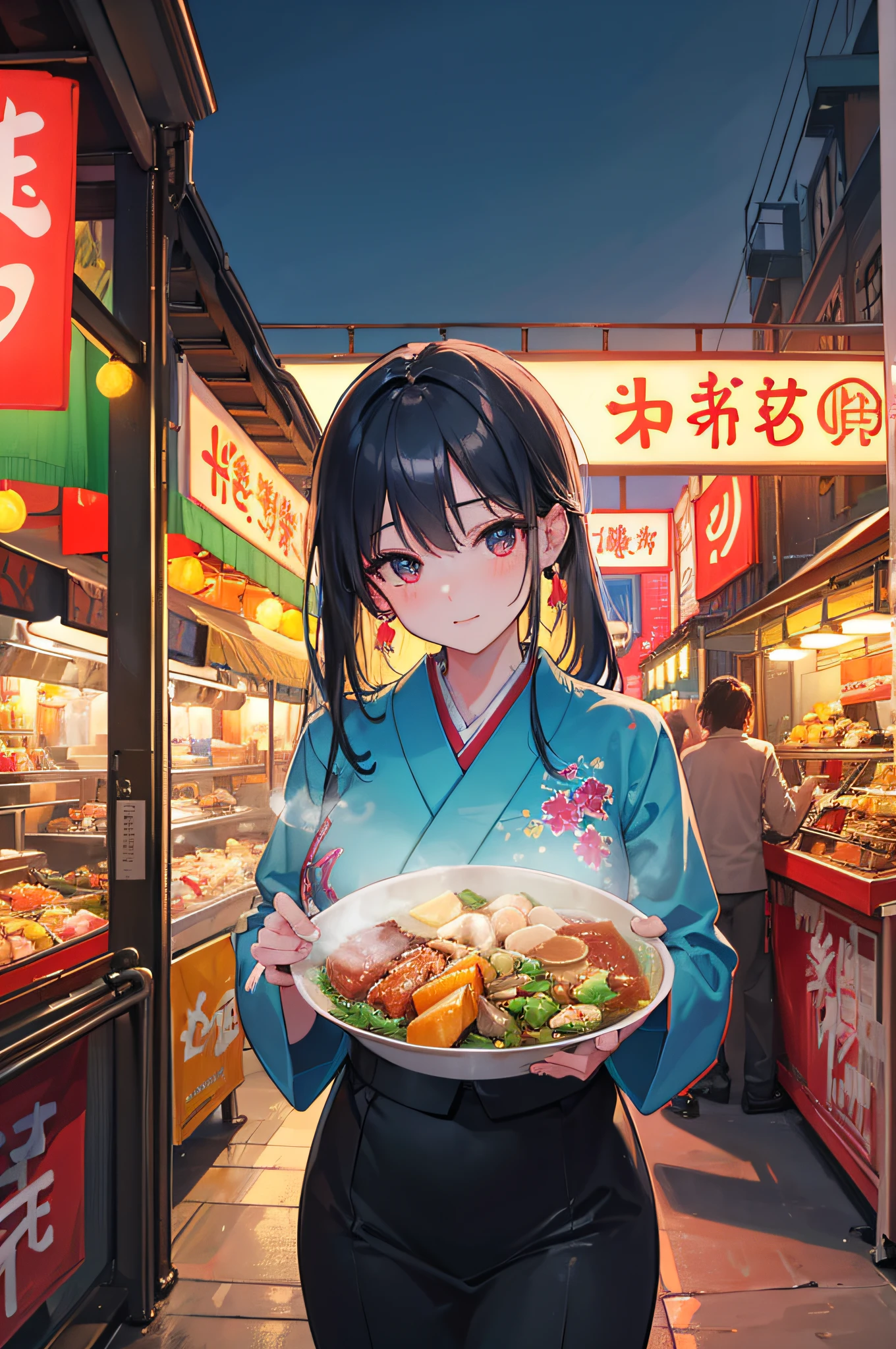 best quality,highres,masterpiece:1.2,ultra-detailed,realistic:1.37,night scene,street vendor,toilet stall,overhead view,Vibrant colors,bokeh,nighttime illumination,crowded street,city hustle,exquisite details,woman in a business suit:1.5,Japanese style,open-air urinal,traditional lanterns,food cart,night market,bustling atmosphere,dynamic perspective,steaming hot food,atmospheric lighting,nighttime food scene,sumptuous feast,glowing neon lights,busy passersby,cultural vibes,authentic experience