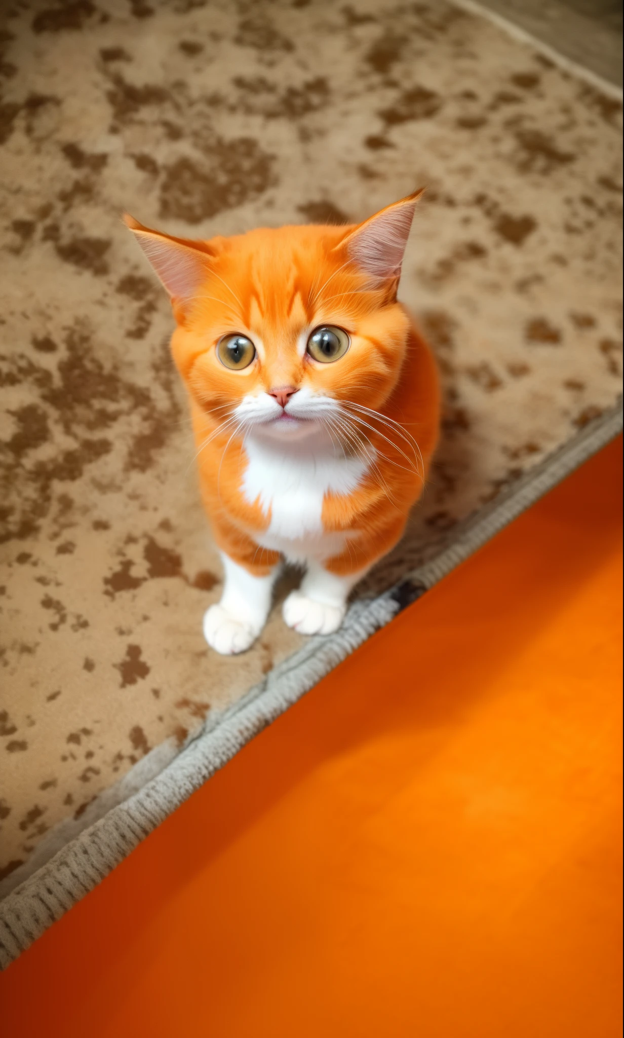 there is a cat sitting on the floor looking up at the camera, sad cat, a cute cat, the cutest kitten ever, with a sad expression, cute cat, looks directly at camera, funny cat, the cat is orange, the cat is fluffy, with cute doting eyes, awesome cat, horrified look in his eyes, looking confused
