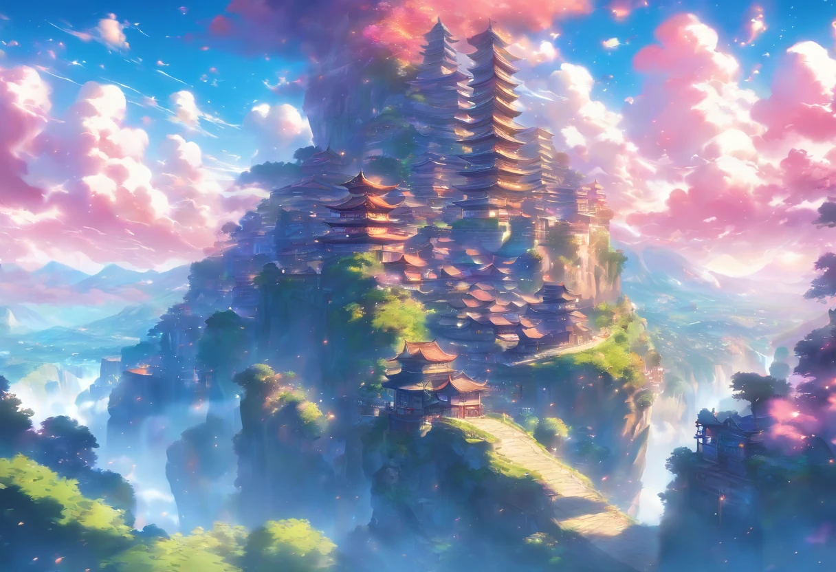 Setting: A massive clearing showcasing a captivating view of a massive and angelic town. View taken from a cliffside
Background:
Sky: Fantasy like, Anime like, vivid and alive.
Atmosphere: Amazing composition, blue, pink, and purple and yellow shades, allow them to blend in with the surroundings and each other to give the scene a magical feeling.
Extras:
Angle and Depth: For a dynamic perspective, use a slightly left-tilted angle to lend depth and drama to the scene. Also, use a low-angle shot as well.
Quality and Composition: Ensure the final piece is of high quality, resembling a masterpiece. The composition should be balanced and incredible, drawing the viewer's eye across the entire scene, from the fantasy-like sky, through the view, and finally resting on the town below.
Final Touches: Correct proportions. Establishing shot. Beautiful and wondrous fantasy scenery, digital art, artstation, {8k high res masterpiece}, vibrant colored background, clear