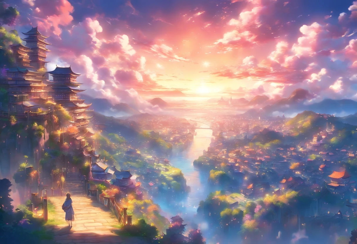 Setting: A massive clearing showcasing a captivating view of a massive and angelic town. View taken from a cliffside
Background:
Sky: Fantasy like, Anime like, vivid and alive.
Atmosphere: Amazing composition, blue, pink, and purple and yellow shades, allow them to blend in with the surroundings and each other to give the scene a magical feeling.
Extras:
Angle and Depth: For a dynamic perspective, use a slightly left-tilted angle to lend depth and drama to the scene. Also, use a low-angle shot as well.
Quality and Composition: Ensure the final piece is of high quality, resembling a masterpiece. The composition should be balanced and incredible, drawing the viewer's eye across the entire scene, from the fantasy-like sky, through the view, and finally resting on the town below.
Final Touches: Correct proportions. Establishing shot. Beautiful and wondrous fantasy scenery, digital art, artstation, {8k high res masterpiece}, vibrant colored background, clear