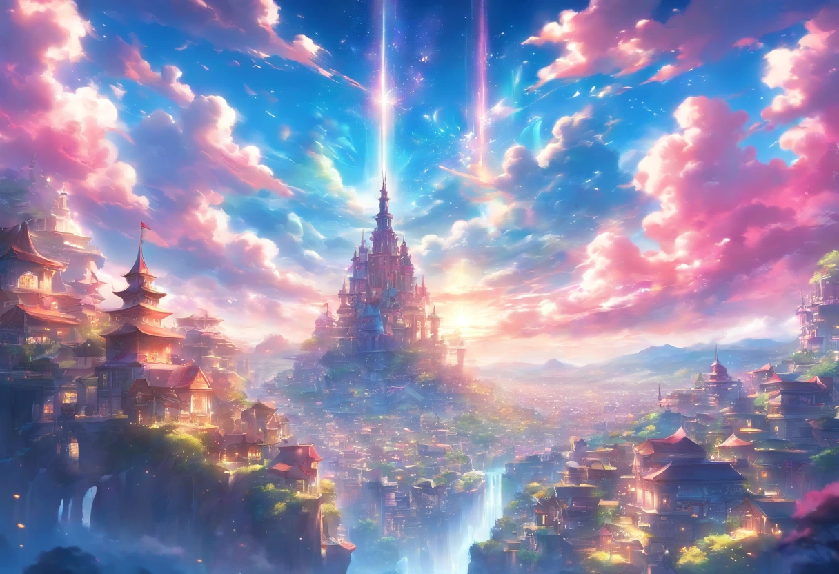 Setting: A massive clearing showcasing a captivating view of a massive and angelic town. View taken from a cliffside

Background:

Sky: Fantasy like, Anime like, vivid and alive.

Atmosphere: Amazing composition, blue, pink, and purple and yellow shades, allow them to blend in with the surroundings and each other to give the scene a magical feeling.

Extras:

Angle and Depth: For a dynamic perspective, use a slightly left-tilted angle to lend depth and drama to the scene. Also, use a low-angle shot as well.

Quality and Composition: Ensure the final piece is of high quality, resembling a masterpiece. The composition should be balanced and incredible, drawing the viewer's eye across the entire scene, from the fantasy-like sky, through the view, and finally resting on the town below.
Final Touches: Correct proportions. Establishing shot. Beautiful and wondrous fantasy scenery, digital art, artstation, {8k high res masterpiece}, vibrant colored background, clear