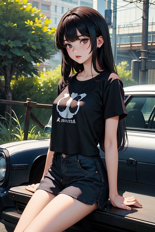 one girls、A dark-haired、Pattsun bangs、Wolfhair、being thin、Rasping、Large T-shirt、thighs thighs thighs thighs