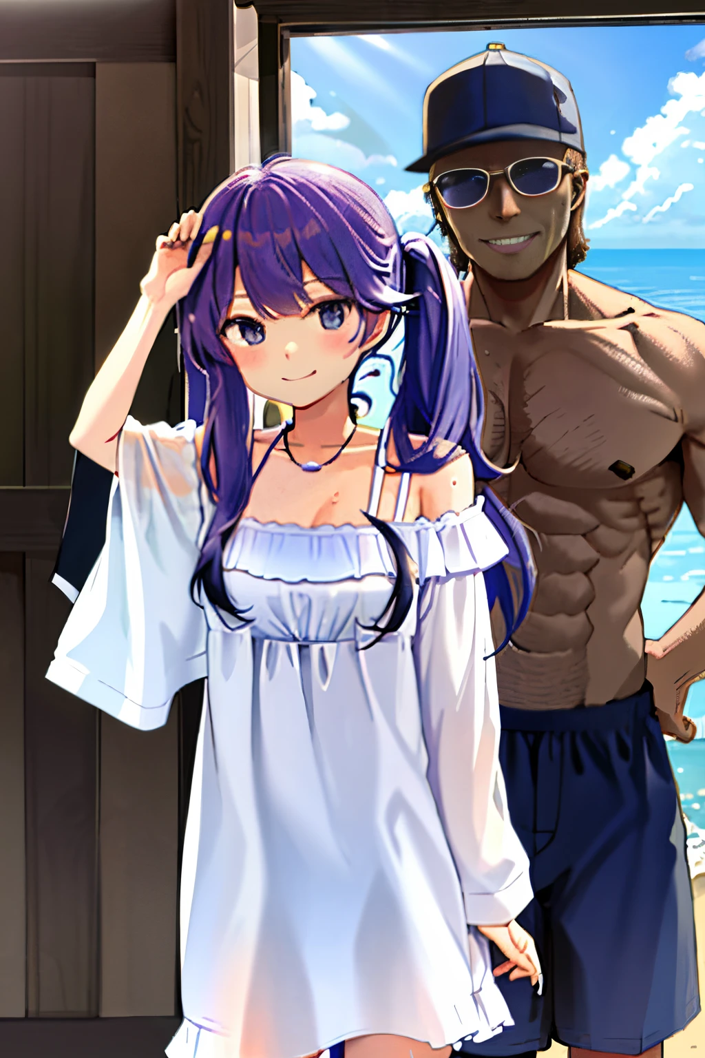 1boy,1girl in、Complete human body、masterpiece, top-quality, hight resolution, 1girl in, Upper body peephole door, Open the door, doorways、beautiful Girl、cute little、Plain white wet oversized loose T-shirt、((Sweat,steam,Lower grade)),Sneaky macho faceless man standing behind a girl and putting his hand on her shoulder、tall dark-skinned man、Middle-aged man in bikini swimsuit、the man grins、man with alcohol、