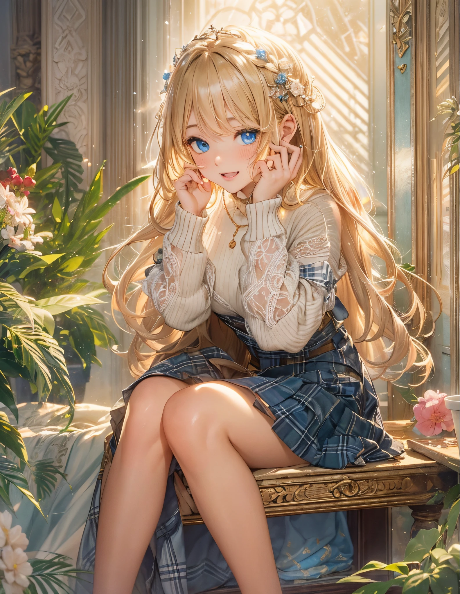 (masterpiece),(top-quality:1.2),1girl in,(masuter piece:1.3),exquisitedetails, Highest quality 8K resolution, Ultra-detailed, Realistic, Vibrant colors, Soft tones, With warm and gentle lighting, A woman standing in a room wearing a skirt and sweater, designed for cozy aesthetics, wide skirt, Styling, With short hair, simple style, Beige, 2 0, Dynamic!!, Cute:2, F / 2 0, Roots and hay coat, lookbook, Vivid), 9, jimin, ( Side ) profile (Smooth straight blonde hair:1.2),(Hair parted in the middle:1.3),(Glowing hair),(Dark blue eyes:1.3),(Hands close to the face:1.4),White skin, hair clips,Small necklace,A gentle feeling overflows,The sun's rays illuminate joy and pure love, Warm golden glow,The atmosphere is full of happiness and laughter, As if celebrating love,Ultra-detailed depiction and vivid colors,A style that combines romanticism and realism,depth of love,color palettes,Create an ethereal atmosphere like a dream,Lighting is soft and diffused,masterpiece artwork