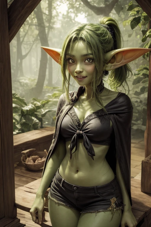 (masterpiece), (extremely intricate:1.3), (realistic), add_detail:1, sweet tooth is a female goblin, small, short, cute, 2 feet tall, light green dirty skin, long pointy ears, her sharp teeth are partially rotten, Her long green hair is tied back into a ponytail,, bright green eyes, She wears a messy and slightly revealing oversize poncho and tight black shorts, standing in front of forest entrance, excited expression