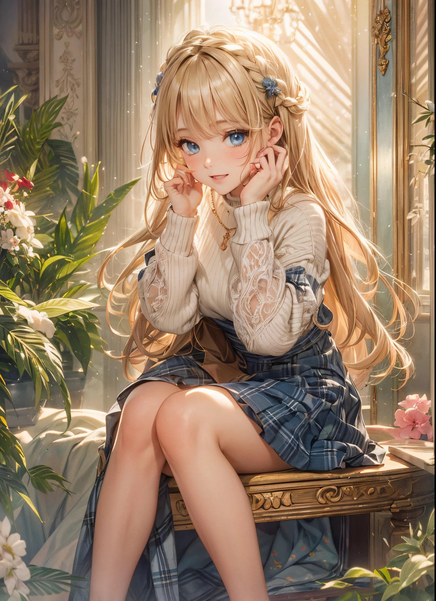 (​masterpiece),(top-quality:1.2),1girl in,(masuter piece:1.3),exquisitedetails, Highest quality 8K resolution, Ultra-detailed, Realistic, Vibrant colors, Soft tones, With warm and gentle lighting, A woman standing in a room wearing a skirt and sweater,  designed for cozy aesthetics, wide skirt, Styling, With short hair, simple style, Beige, 2 0, Dynamic!!, Cute:2, F / 2 0, Roots and hay coat, lookbook, Vivid), 9, jimin, ( Side ) profile  (Smooth straight blonde hair:1.2),(Hair parted in the middle:1.3),(Glowing hair),(Dark blue eyes:1.3),(Hands close to the face:1.4),White skin, hair clips,Small necklace,A gentle feeling overflows,The sun's rays illuminate joy and pure love, Warm golden glow,The atmosphere is full of happiness and laughter, As if celebrating love,Ultra-detailed depiction and vivid colors,A style that combines romanticism and realism,depth of love,color palettes,Create an ethereal atmosphere like a dream,Lighting is soft and diffused,masterpiece artwork