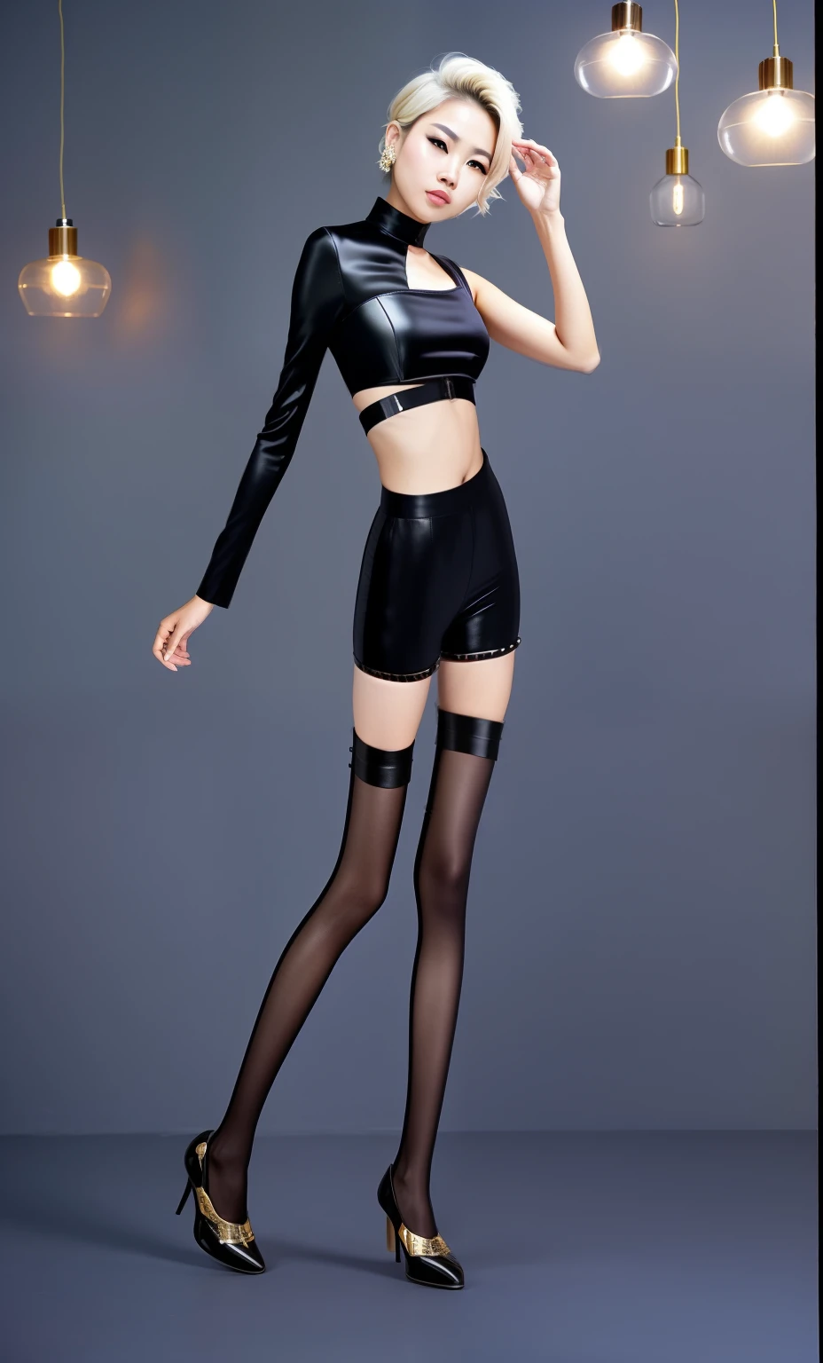 motor show、Event Hall、Indoor stage、gorgeous lighting、Campaign Girl(existing :1.4)、modeled、A sexy、Glamorous、Colossal tits、Toned waist:1.4、Brown wavy hair、Bare skin high legs (Sponsor Logo)(Leather fabric)(highleg:1.4)、fishnet tights、high-heels、(Model showing off style in sexy pose in front of racing bike at event)、