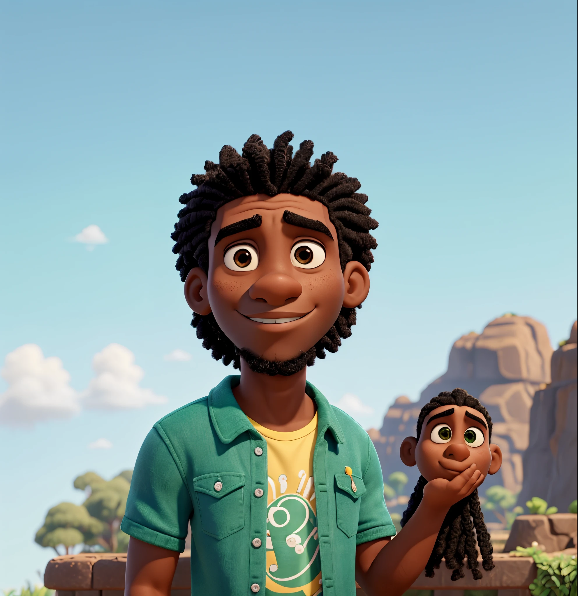 Um jovem negro de 20 anos estilo Disney PIXAR, cabelo longo, aparentemente triste, usando casaco preto com gola verde, alta qualidade, melhor qualidade