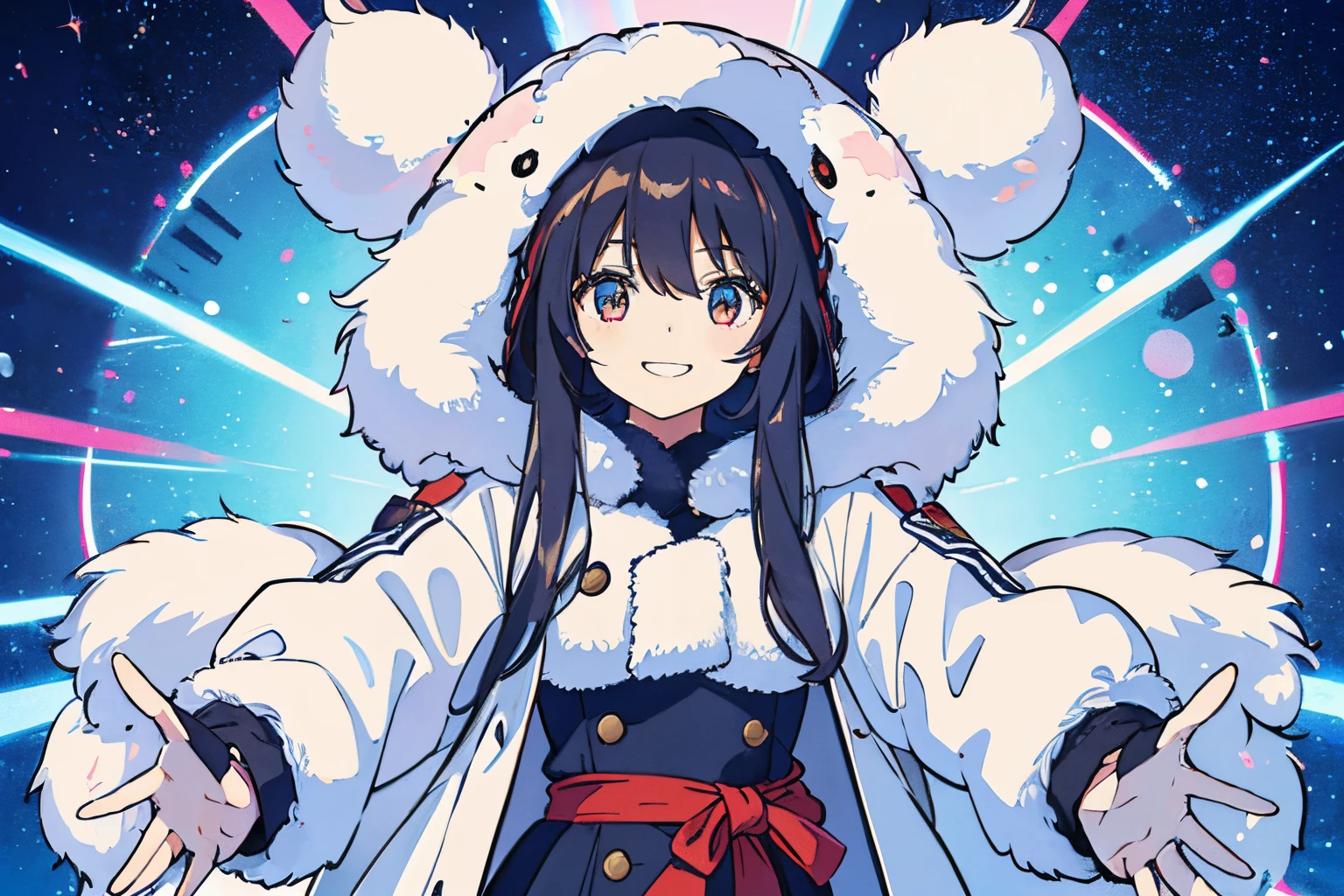 1girl, solo, long hair, smile, good_downcoat, wearing large fluffy fur hood, wearing down coat,