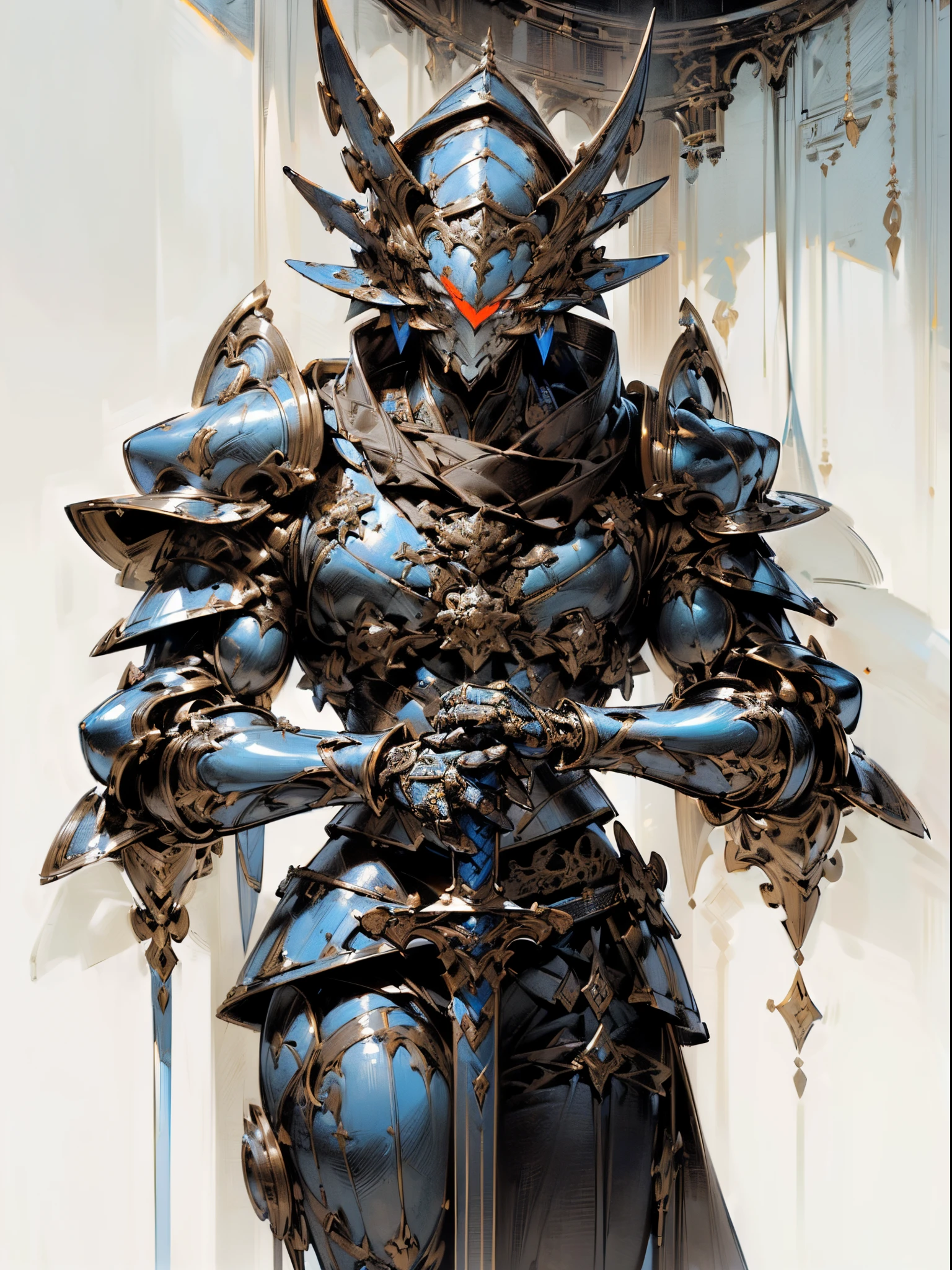 ((Best quality at best, 8K, tmasterpiece: 1.4)),((Stunningly detailed: 1.3)),((A high resolution: 1.2)),((The structure is correct1.1)),Gigantic body,male people,Huge and thick armor,towering helmet,Intricate ornate armor patterns,Holding a huge sword,midynight,lightand shade contrast,One eye glows red,Non-human