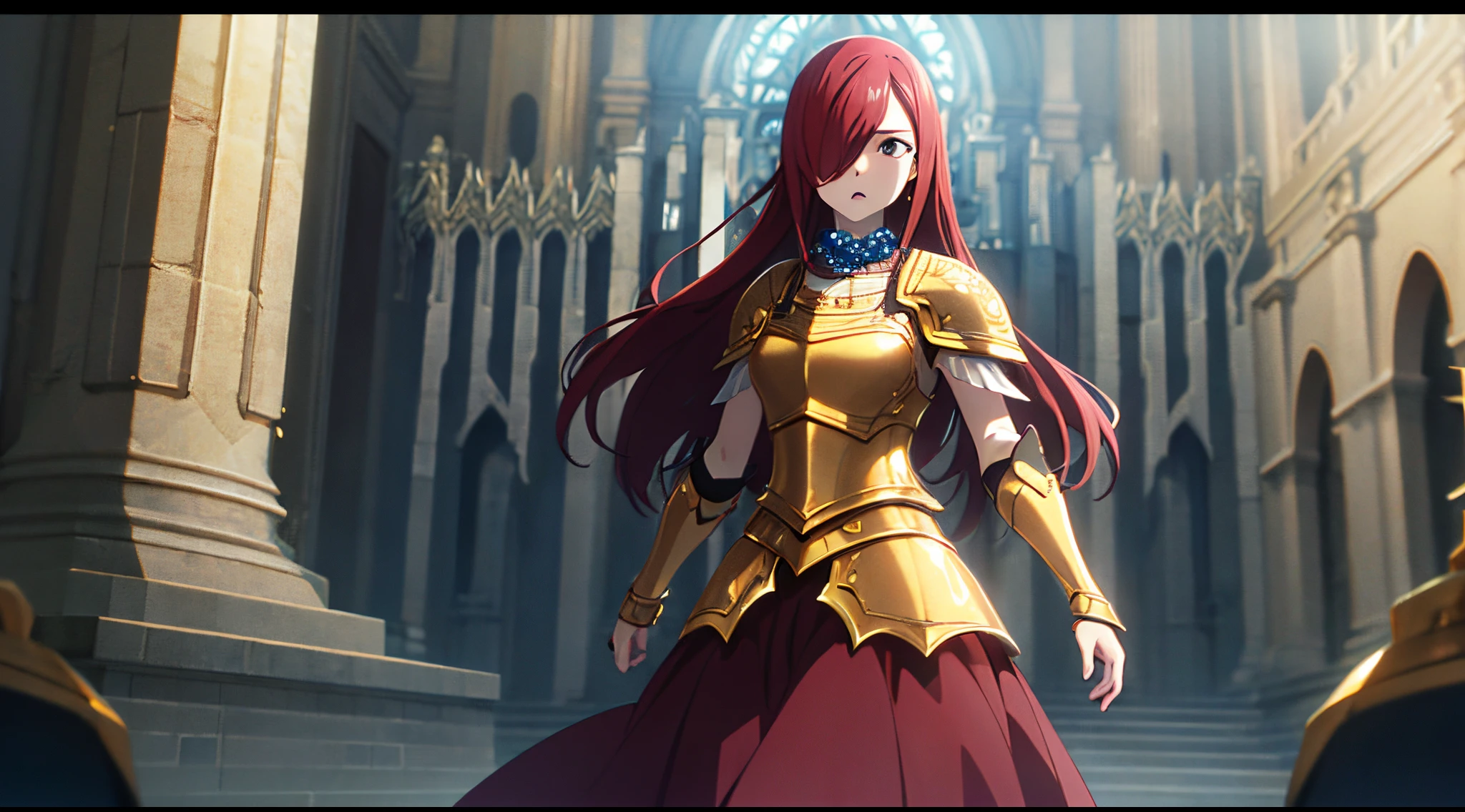 erza, 1girl, solo, long_hair, medium breasts,brown_eyes,red_hair,hair over one eye, standing, looking at viewer,golden knight armor pauldrons, praying beads on neck, long skirt,medieval castle rivers,anime style,deep depth of field,wide angle view,Lumen Reflections,Screen Space Reflections,Diffraction Grading,Chromatic Aberration,GB Displacement,Scan Lines,Ray Traced,Anti-Aliasing,FXAA,TXAA,RTX,SSAO,Shaders,OpenGL-Shaders,GLSL-Shaders,Post Processing,Post-Production,cell Shading,Tone Mapping,CGI,VFX,SFX,insanely detailed and intricate, 4K