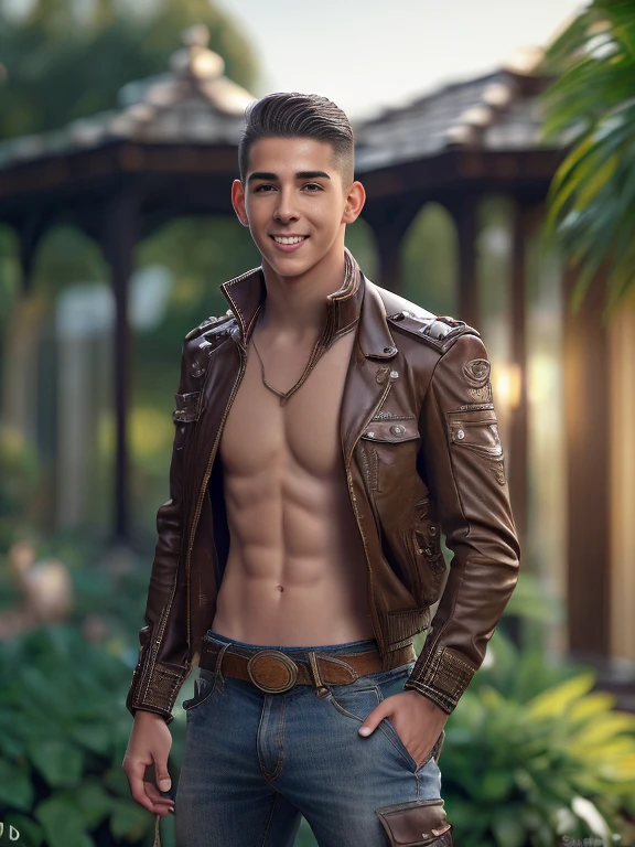 In the artistic style of JC Leyendecker. FULLBODY, Front view, Plano amplio, desnudo, superrealista, superdetallado, a 20 year old young latino man, Lenguaje corporal de liderazgo, sin ropa, Montando un caballo blanco, Perfect anatomy, joven,hermosos pies Mirando fijamente al espectador, cuerpo delgado muy delgado, detailed muscles, brown hair, Sonrisa oculta, Peaceful look, Bonita sonrisa, Aspecto masculino, a plantation house behind, Kali, algodonal