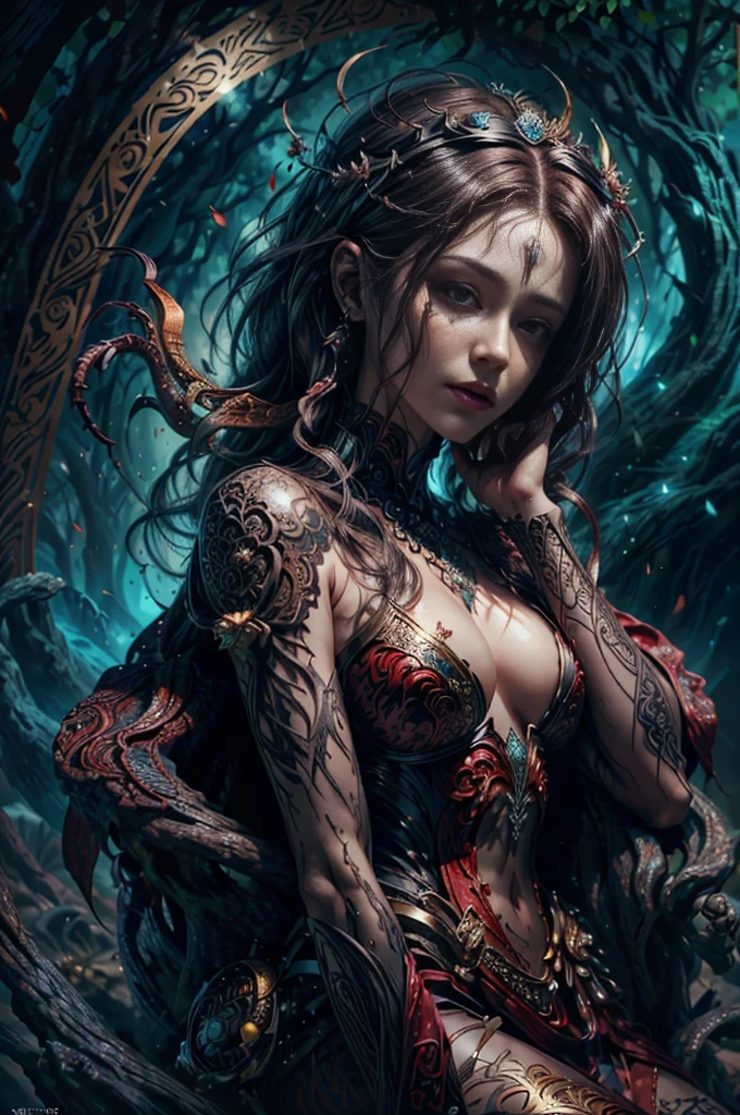 painting of a woman sitting on a tree trunk in a red dress, Art Nouveau Lilith, Portrait of a scorpion goddess, sensual digital painting, piece of master, full body, by chunie, by darkgem:0.8, Detailed background, ((full body)), LanceMen of the 35mm lens, Luthien, ((A stunning portrait of a god)), Frank Kelly Freas, Karol Bak Style,  ((beautiful face)), Ultra Definition, best quality, 32k ultra | | | | , Ultra HD | | | |