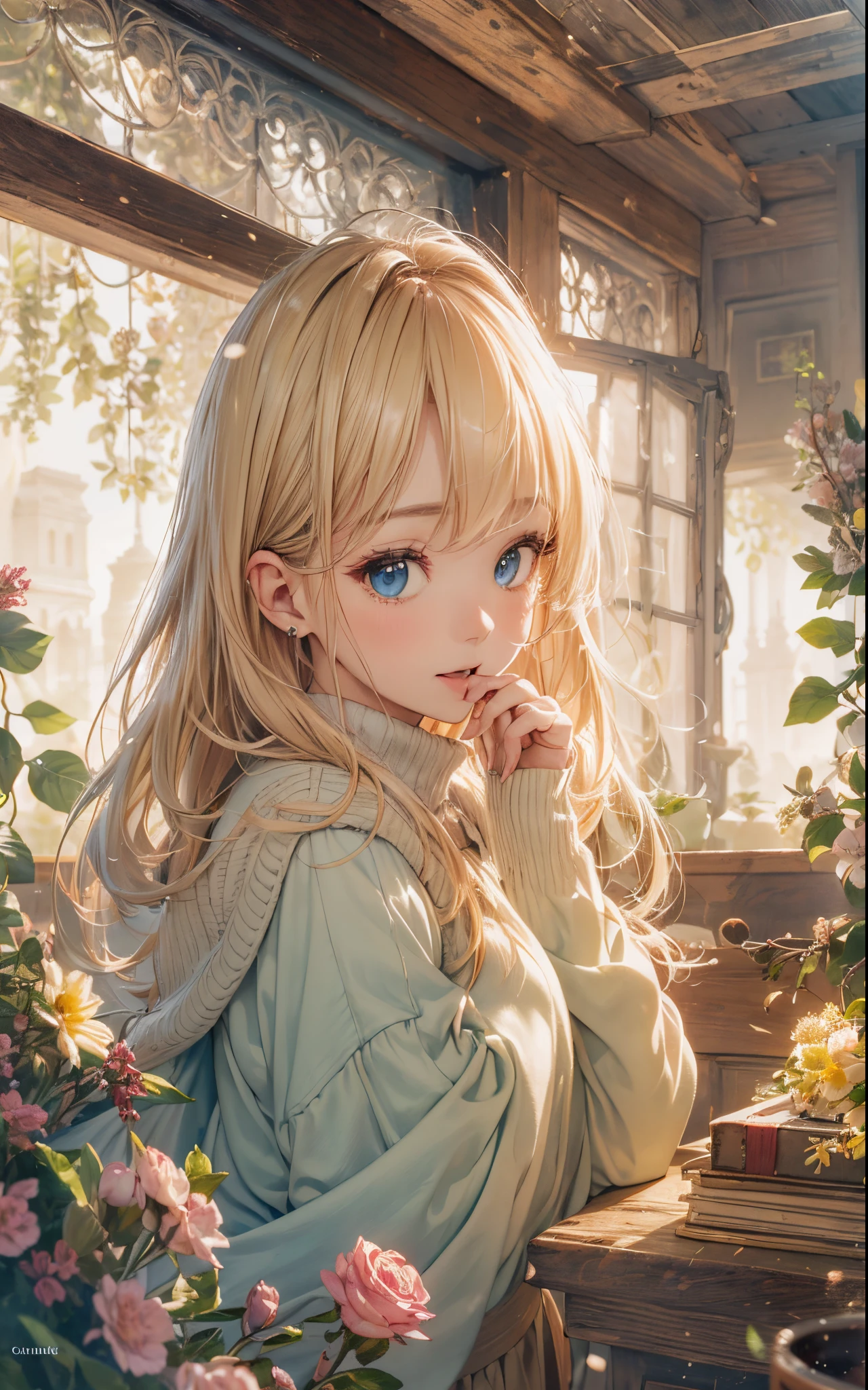 (masterpiece),(top-quality:1.2),1girl in,(masuter piece:1.3),exquisitedetails, Highest quality 8K resolution, Ultra-detailed, Realistic, Vibrant colors, Soft tones, With warm and gentle lighting, A woman standing in a room wearing a skirt and sweater, designed for cozy aesthetics, wide skirt, Styling, With short hair, simple style, Beige, 2 0, Dynamic!!, Cute:2, F / 2 0, Roots and hay coat, lookbook, Vivid), 9, jimin, ( Side ) profile (Smooth straight blonde hair:1.2),(Hair parted in the middle:1.3),(Glowing hair),(Dark blue eyes:1.3),(Hands close to the face:1.4),White skin, hair clips,Small necklace,A gentle feeling overflows,The sun's rays illuminate joy and pure love, Warm golden glow,The atmosphere is full of happiness and laughter, As if celebrating love,Ultra-detailed depiction and vivid colors,A style that combines romanticism and realism,depth of love,color palettes,Create an ethereal atmosphere like a dream,Lighting is soft and diffused,masterpiece artwork