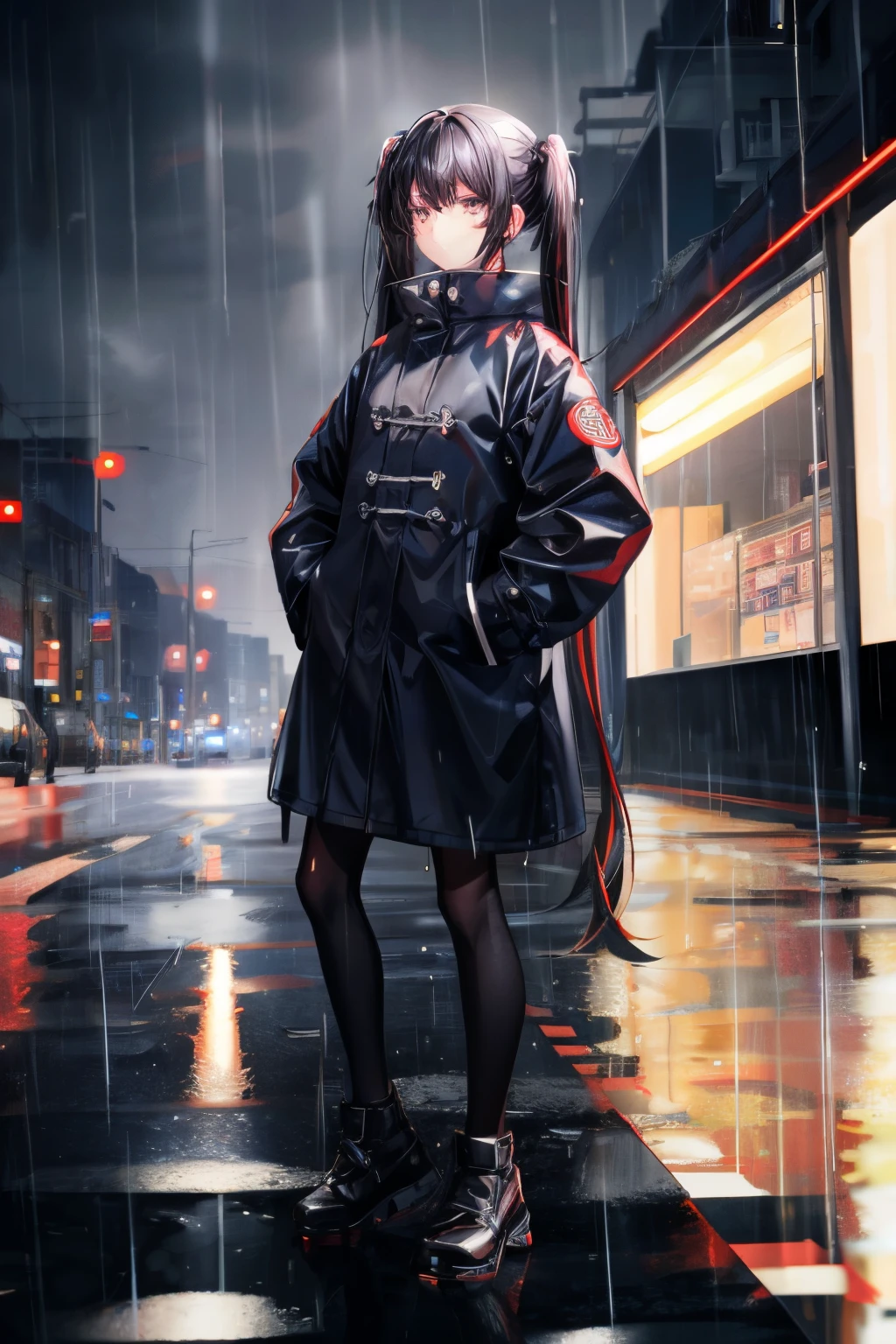 1girl,twintail,black hair,black eyes,night city,rain,coat,hands in pockets,cold shades,china