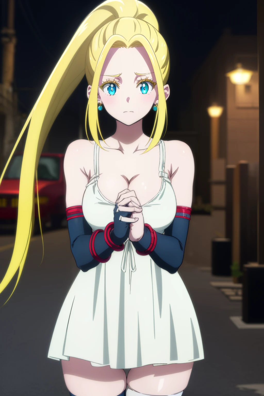 1girl, white negligee, street, night, people, earrings, bracelet, jewelry, thighhighs, elbow gloves, own hands together, thigh gap, cleavage, negligee, rimlight,, masterpiece, best quality, highly detailed,,beatrix amerhauser, long hair, blue eyes, blonde hair, gloves, ponytail,