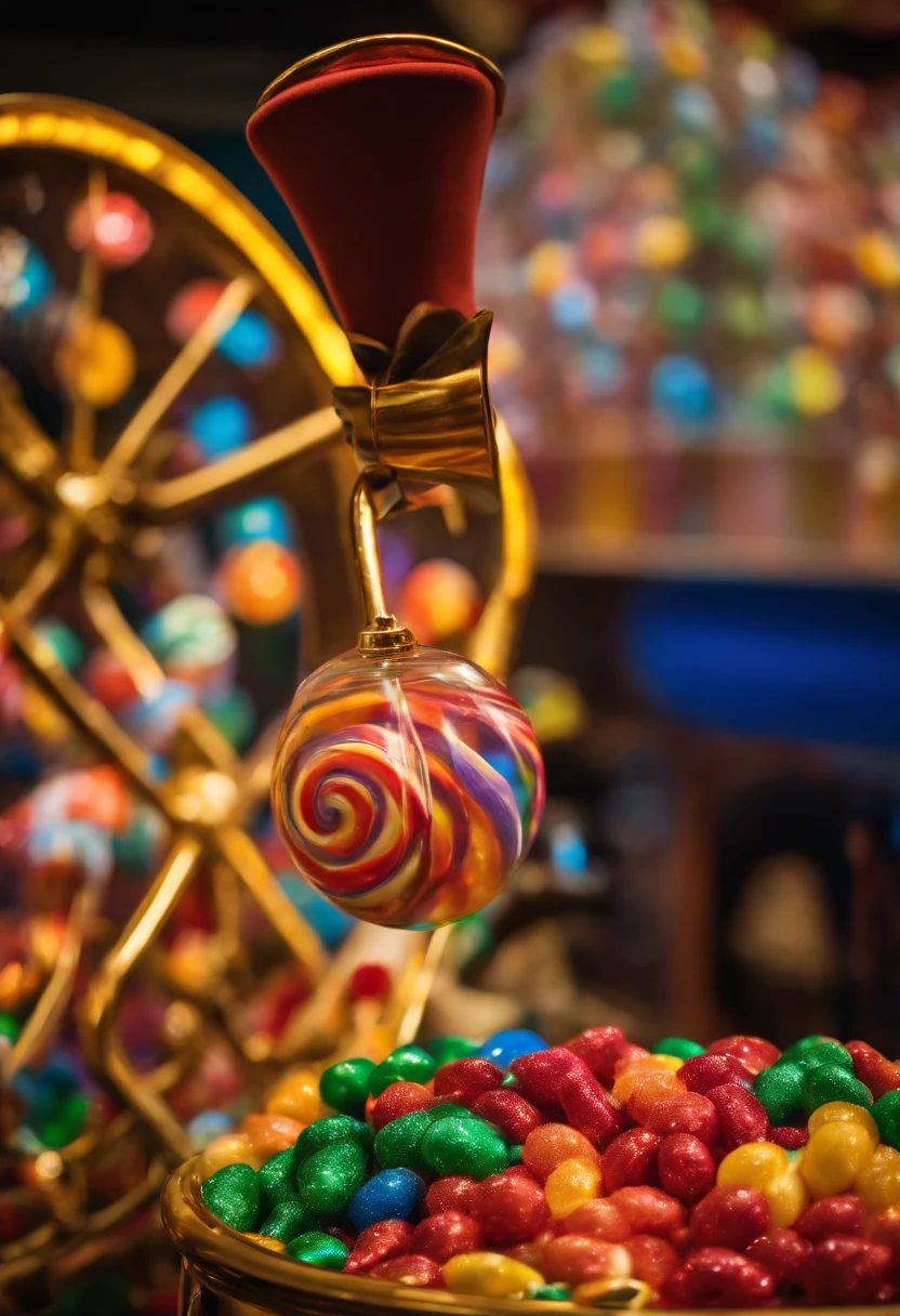 A close-up photo of colorful swirls of candy being spun on a machine.,Charlie and the Chocolate Factory,Willy Wonka, the eccentric chocolate factory owner in Roald Dahl’s novel and its film adaptations, is known for his flamboyant and whimsical style. He typically sports a top hat, a brightly colored, tailored suit, and a bow tie, embodying his quirky and unconventional character. Wonka’s attire often includes a cane and whimsical accessories that add to his mysterious and playful persona. His bright eyes and enigmatic smile contribute to his charismatic yet unpredictable appearance.