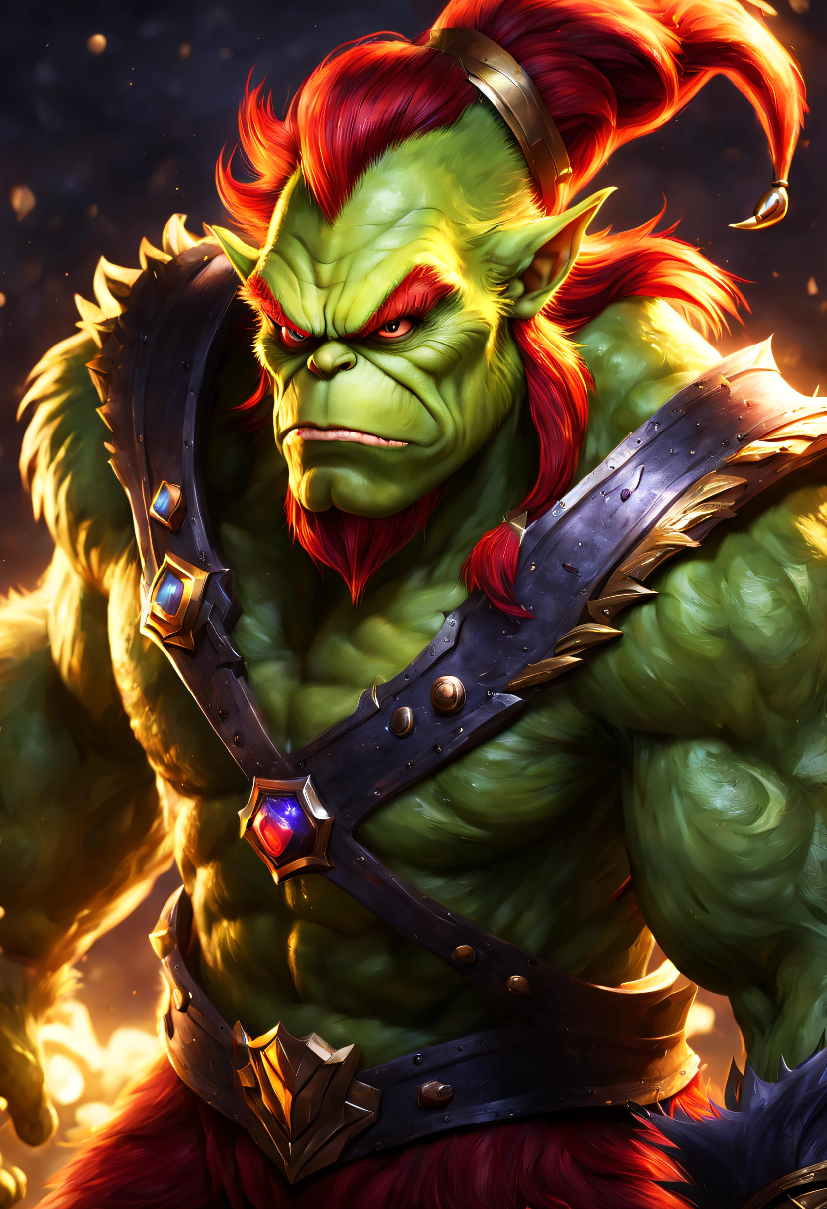 indong, lucusold, lanxus, a man with a muscle, (green skinned anthro orc:1.2), orc wearing ((a full classy black kimono with mechanic tools attached on the belt:1.3)), holding a hammer, ((redhead with a high ponytail):1.2), bulge, mechanic in a garage, muscular, hefty pecs, very hairy torso,hairy body, hairy shoulders, confident smile, bearded, tiny glasses, thicc, lowres, giant and muscular, danbooru and artstation, heavy detailed, insanely inflated hips, proportionally arms, commission for high res, detailed but rough, semirealistic:1.3