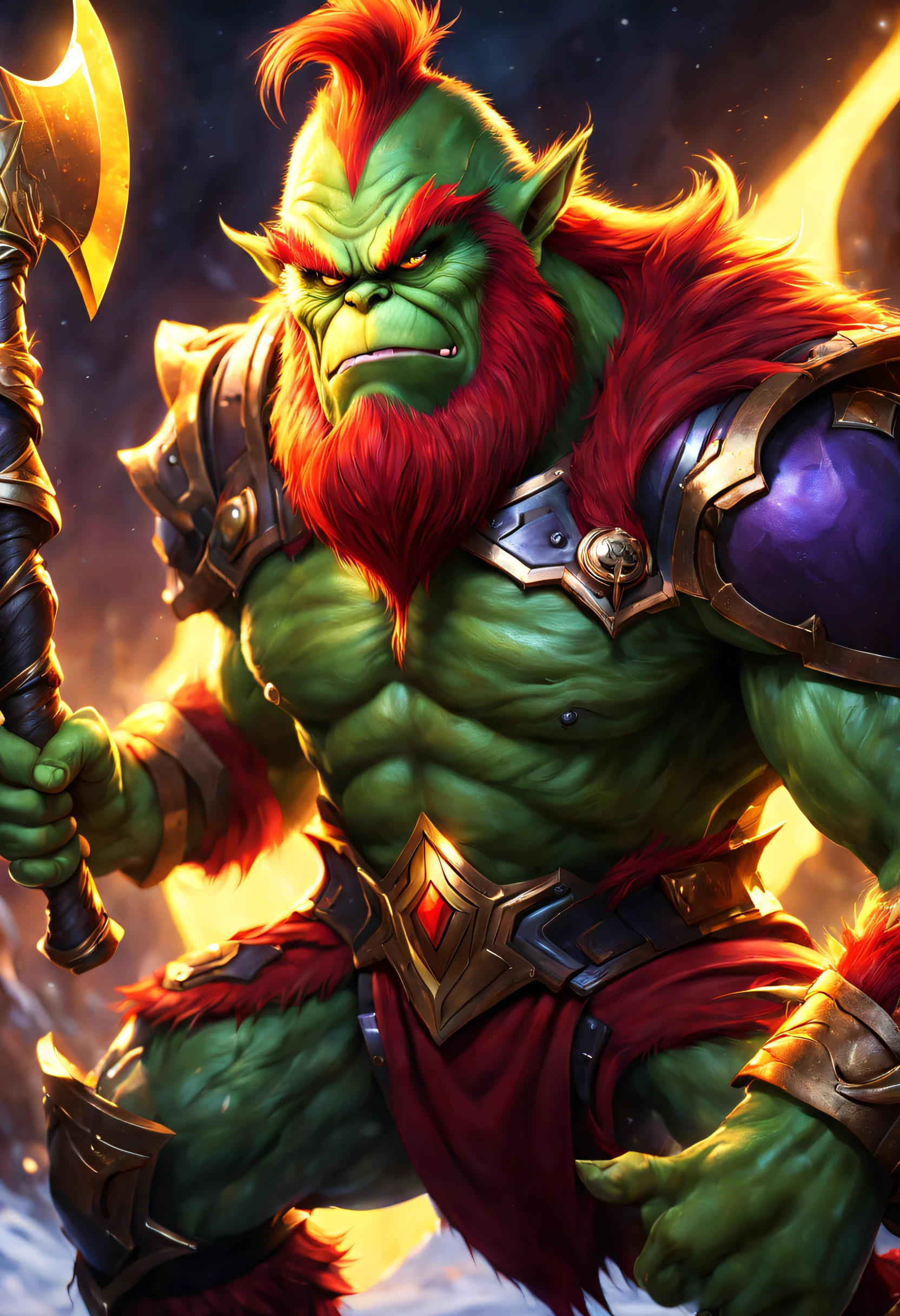 (Best quality),detailed back ground,League of Legends Red-haired Grinch 3D World, Illuminated by a golden glow,with an axe,Feeling full of muscles,Red Grinch wears Thanos suit,The art of fighting,Powerful power,Red-haired old monster,Ominous old age