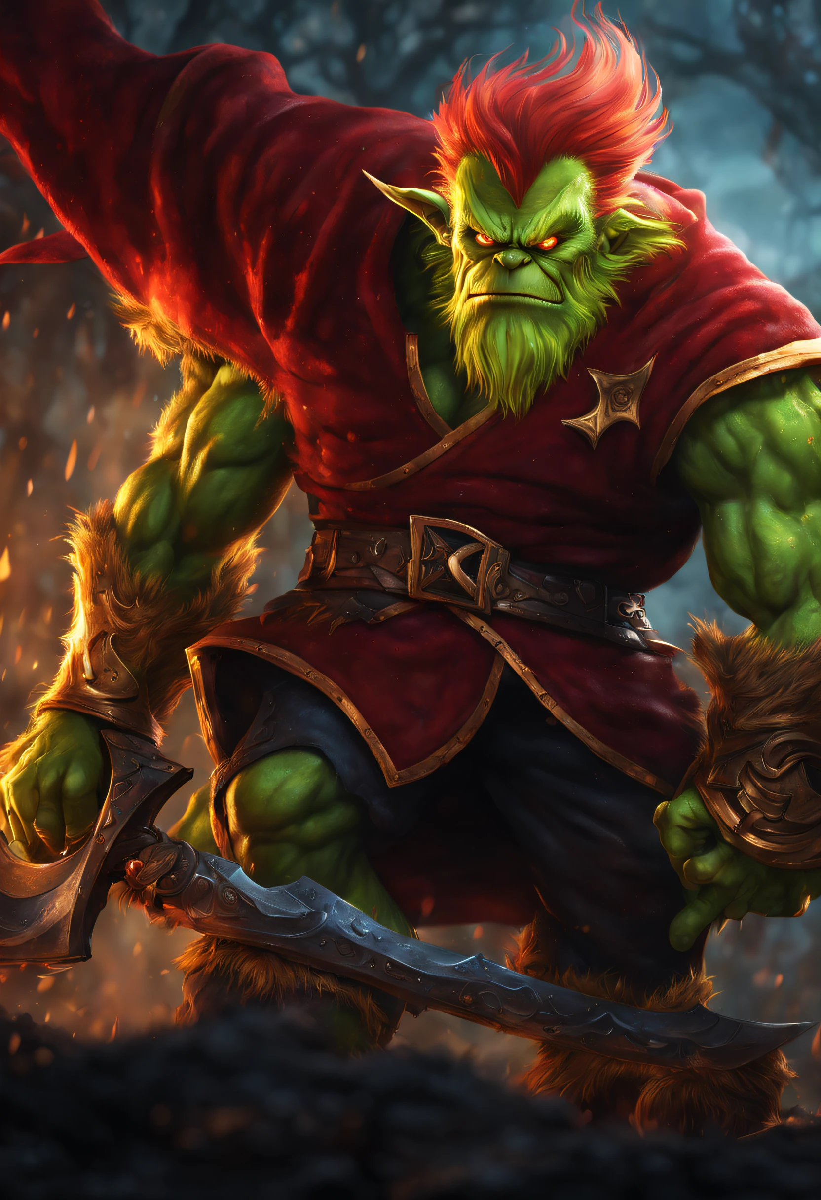 (Best quality),detailed back ground,League of Legends Red-haired Grinch 3D World, Illuminated by a golden glow,with an axe,Feeling full of muscles,Red Grinch wears Thanos suit,The art of fighting,Powerful power,Red-haired old monster,Ominous old age