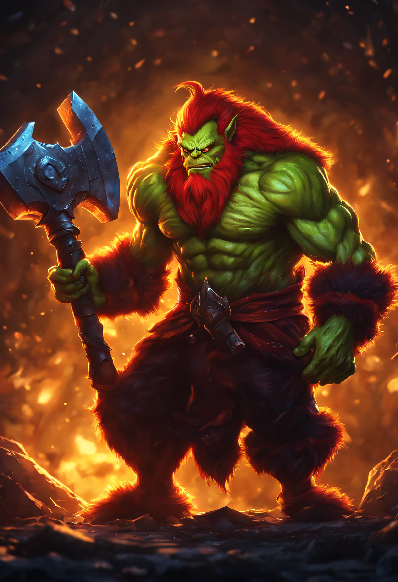 (Best quality),detailed back ground,League of Legends Red-haired Grinch 3D World, Illuminated by a golden glow,with an axe,Feeling full of muscles,Red Grinch wears Thanos suit,The art of fighting,Powerful power,Red-haired old monster,Ominous old age