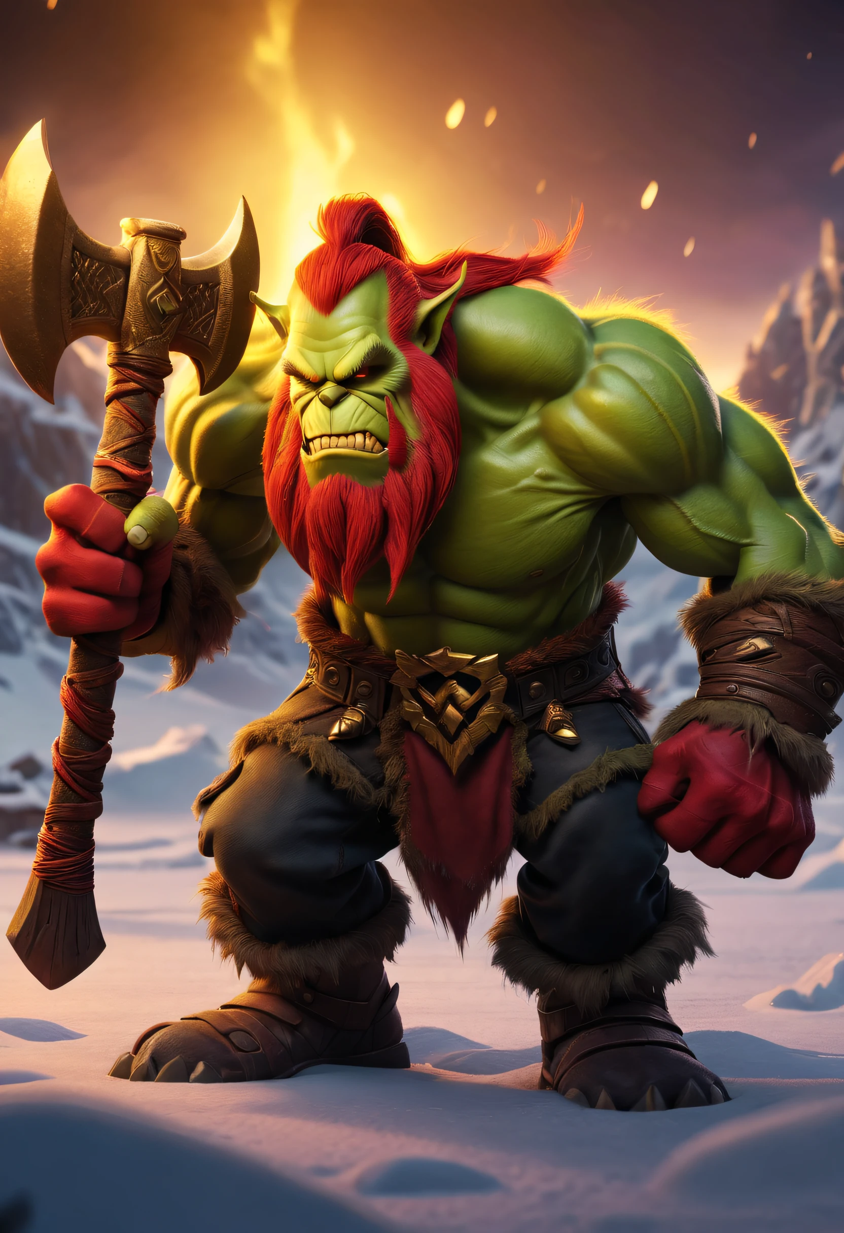 (Best quality),detailed back ground,Warcraft Red-haired Grinch 3D World, Illuminated by a golden glow,with an axe,Feeling full of muscles,Red Grinch wears Thanos suit,The art of fighting,Powerful power,Red-haired old monster,Ominous old age