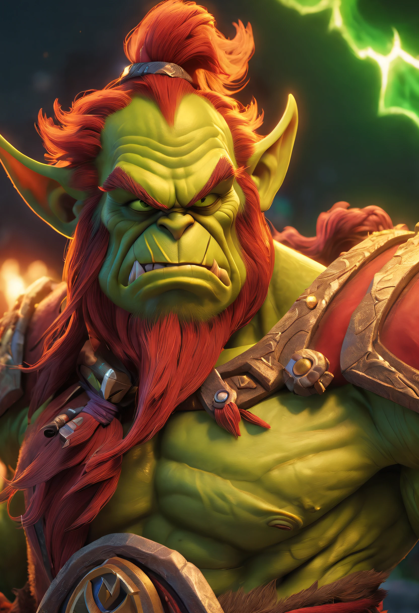 Warcraft Red-haired Grinch 3D World, Illuminated by a golden glow，with an axe，Feeling full of muscles，Red Grinch wears Thanos suit，The art of fighting，Powerful power，Red-haired old monster，Ominous old age