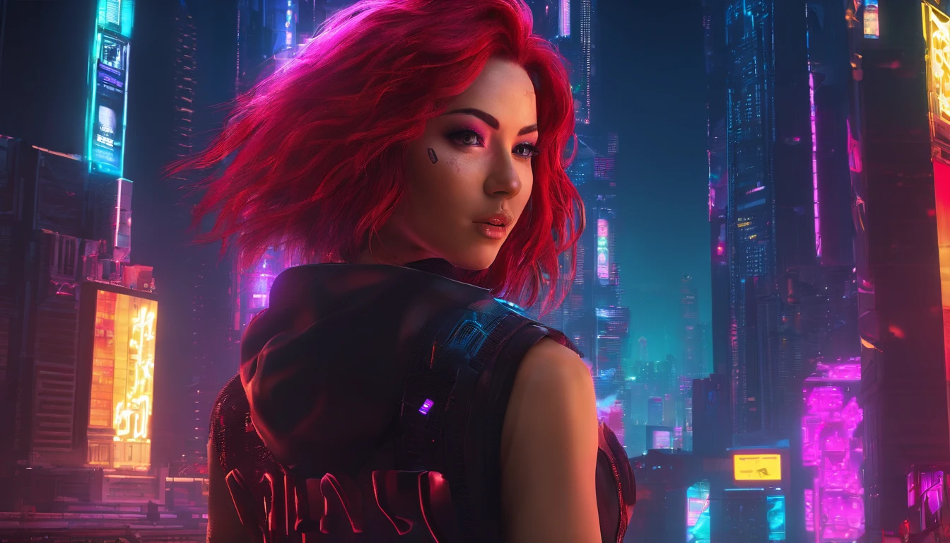 girl, red hair, busty, cyberpunk