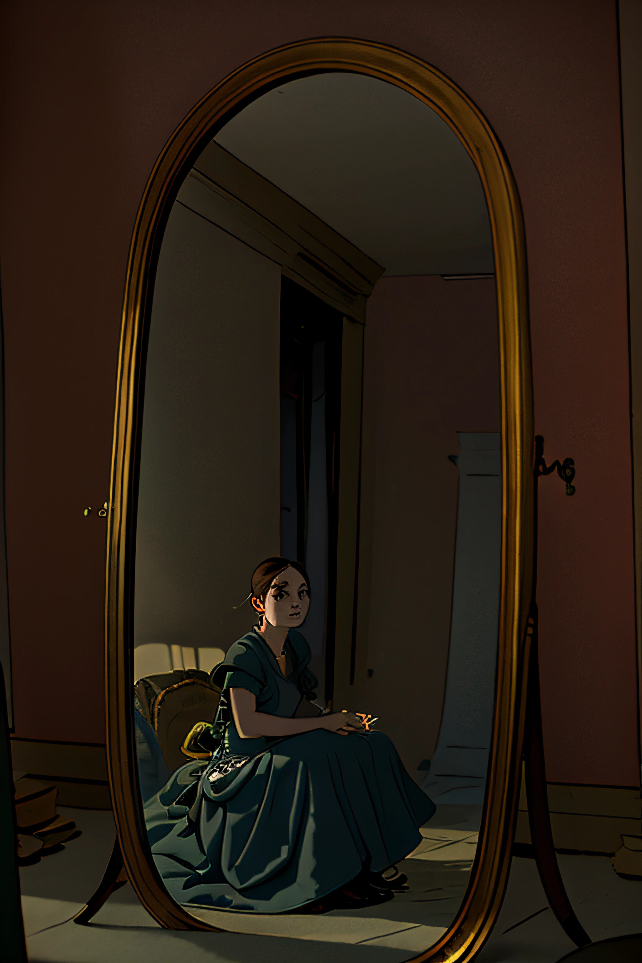 A close up shot sitting Victorian young woman with a dissatisfied air, dressed in a modest yet elegant gown looking through a mirror