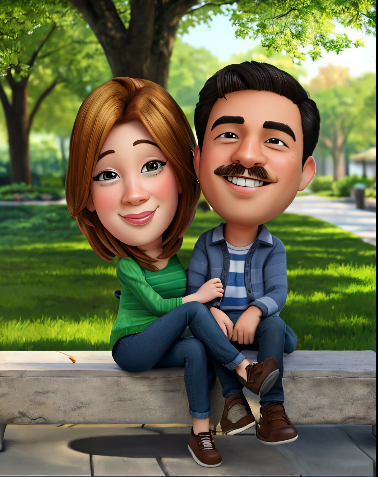 cartoon couple sitting on a bench in a park with a tree, caricature illustration, caricature style, baby face, realistic portrait photo, realistic cartoon, cartoon digital art, cartoon portrait, digital art cartoon, couple portrait, couples portrait, in cartoon style, cartoon digital painting, caricature!!!, cartoon art, cartoon artstyle, charicature, digital cartoon painting art, caricature