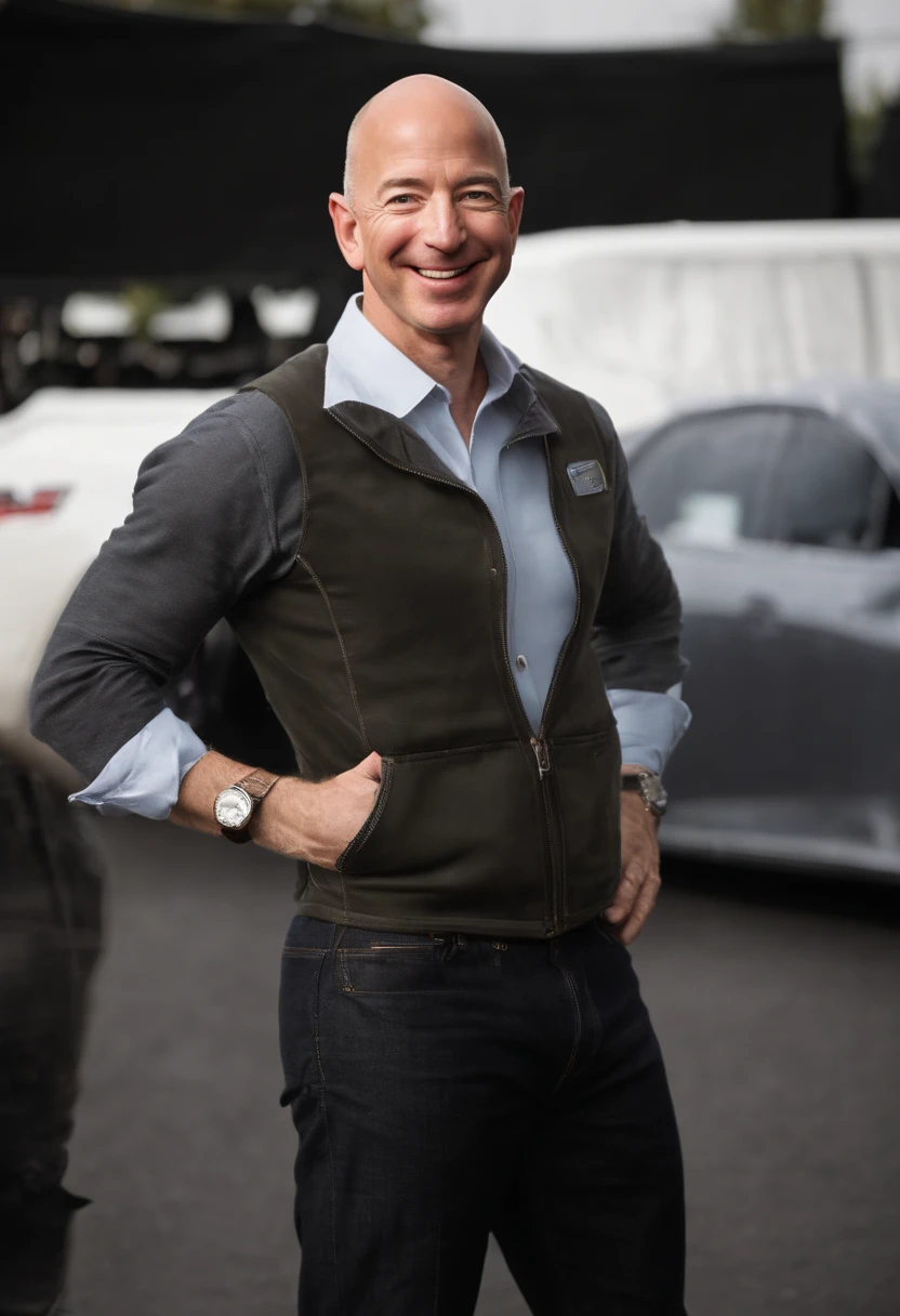 A photo of Bezos showcasing the latest prototype of a groundbreaking technology,original,Jeff Bezos, the founder of Amazon, is known for his bald head and often a warm, yet measured smile, presenting a recognizable and influential figure in the tech world. He usually appears in public wearing professional yet relatively understated attire, reflecting his practical approach to business and life. He’s gotten absolutely jacked after taking lots of testosterone and HGH.