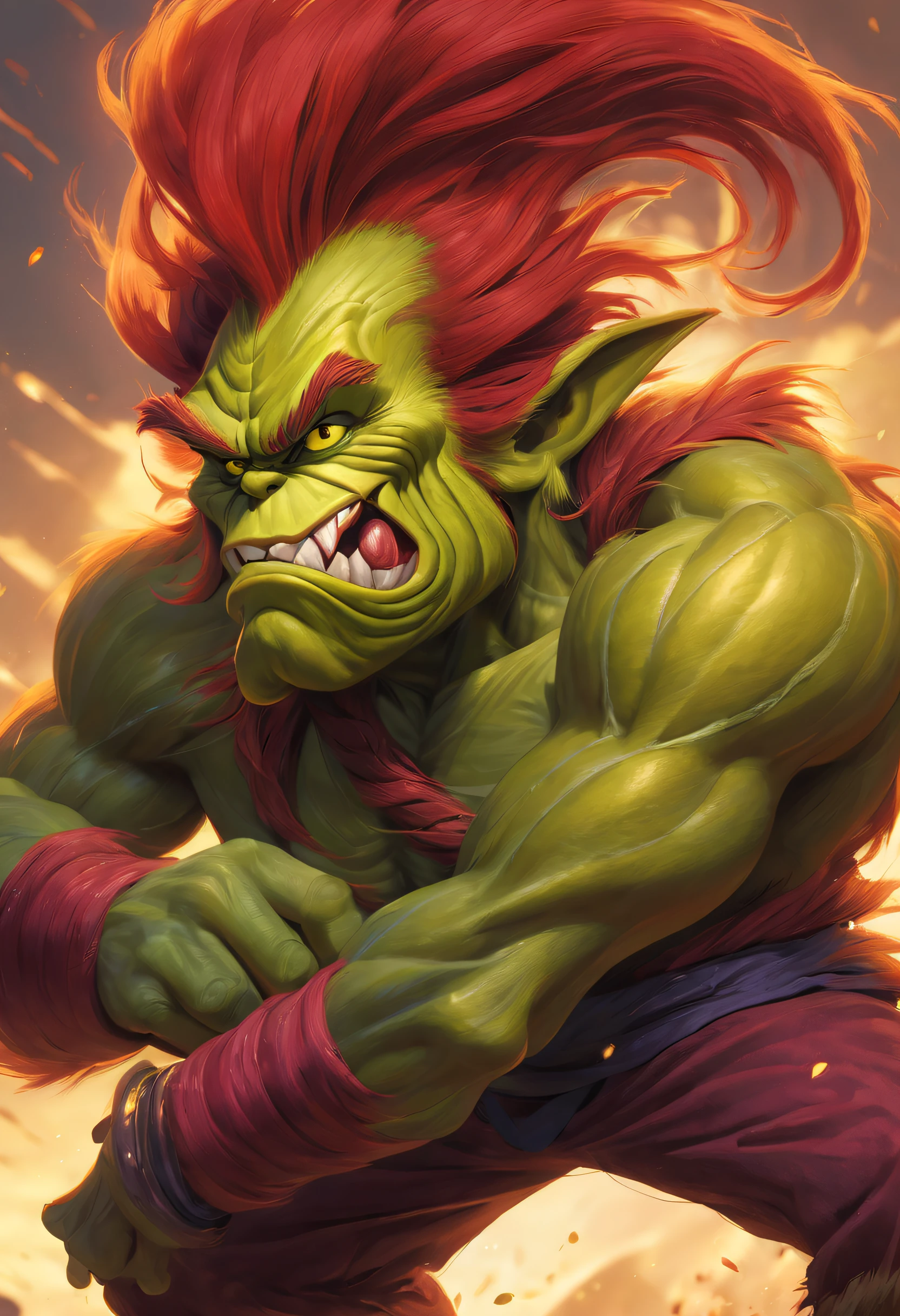 (Best quality at best),detailed back ground,Red-haired Grinch,Martial Arts Grinch,Red Grinch wears Thanos suit,The art of fighting,with sword,Powerful power,Red-haired old monster,Ominous old age