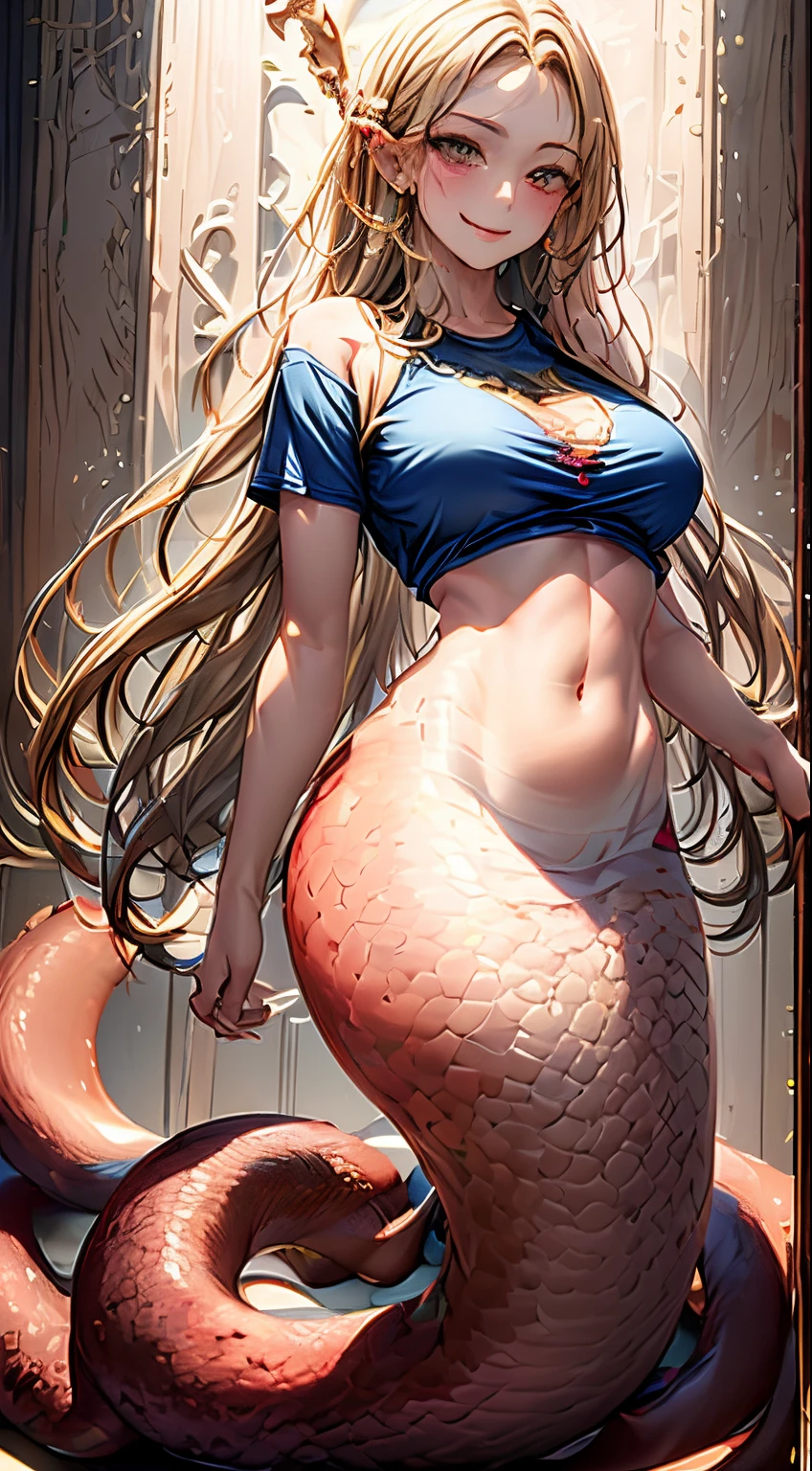 ((Best quality, 8k, Masterpiece :1.3)), Sharp focus :1.2, A pretty woman with perfect figure :1.4, Slender abs :1.2, (lamia:1.1), Highly detailed face and skin texture, Detailed eyes, Double eyelid, (cropped t-shirt :1.4), smiling,  tattered clothing