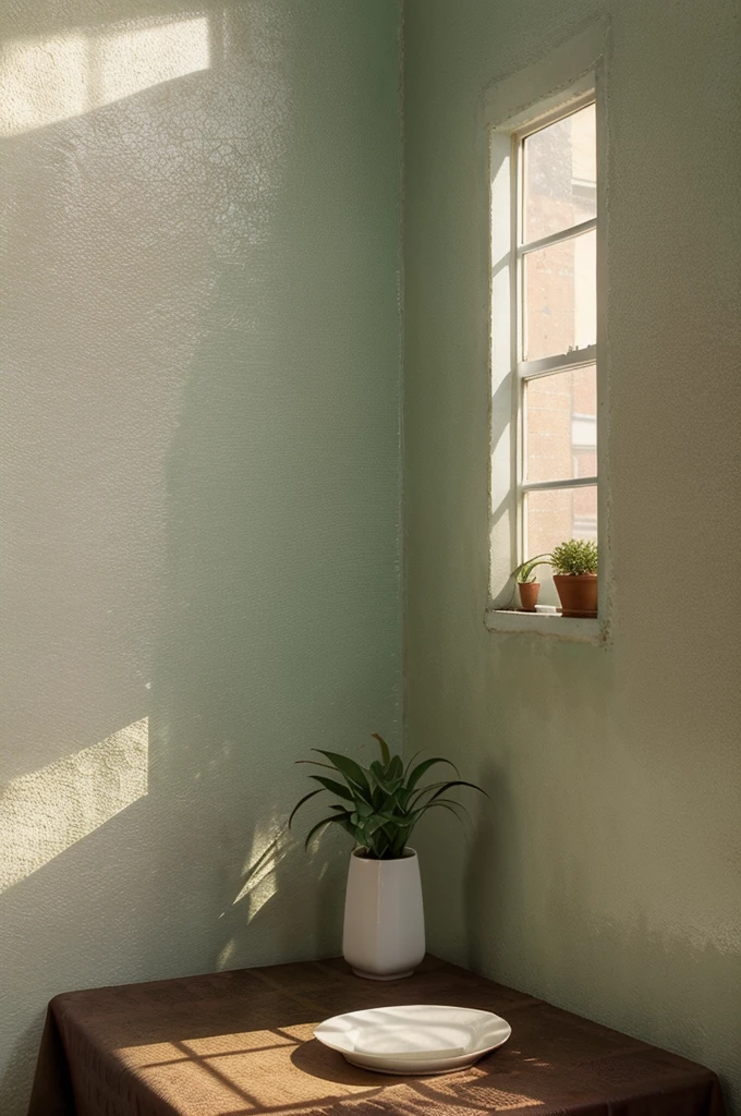 Master-level art style, high-quality, high-resolution background, tablecloth, texture material, eye-catching light and shadow, clear water mold, mottled red bricks, minimalist green plants, mist, white ceramics, coffee library, corner