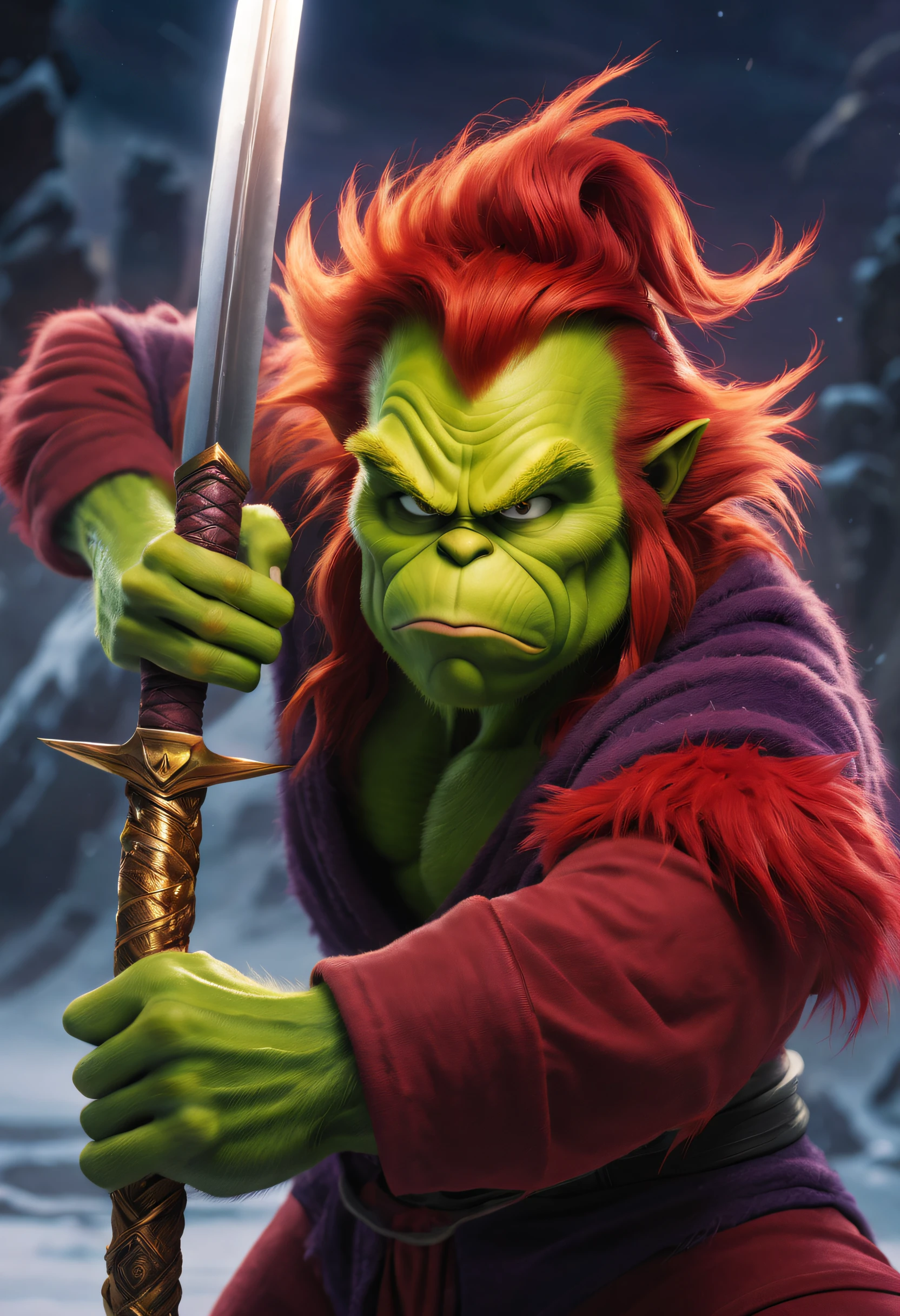 (Best quality at best),detailed back ground,Red-haired Grinch,Martial Arts Grinch,Red Grinch wears Thanos suit,The art of fighting,with sword,Powerful power,Red-haired old monster,Ominous old age