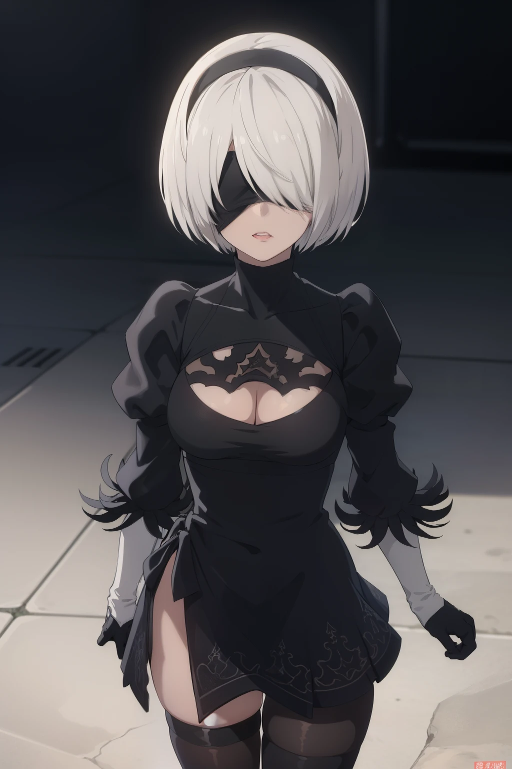 1girl,  over eyes,  black dress, necklace, cleavage, strap, testicles,, masterpiece, best quality, highly detailed, , yorha no. 2 type b, short white hair, blue eyes