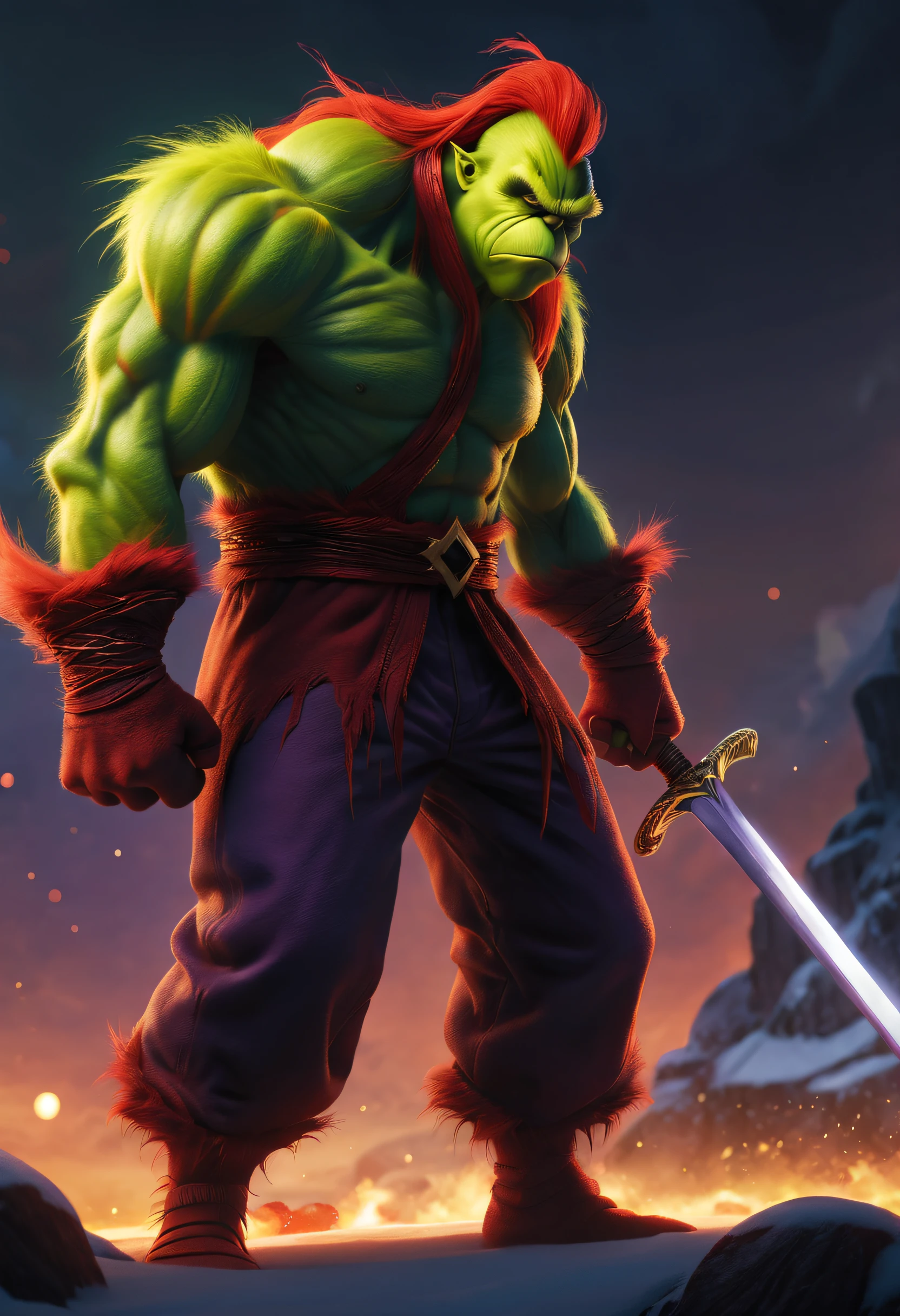 (Best quality at best),detailed back ground,Red-haired Grinch,Martial Arts Grinch,Red Grinch wears Thanos suit,The art of fighting,with sword,Powerful power,Red-haired old monster,Ominous old age