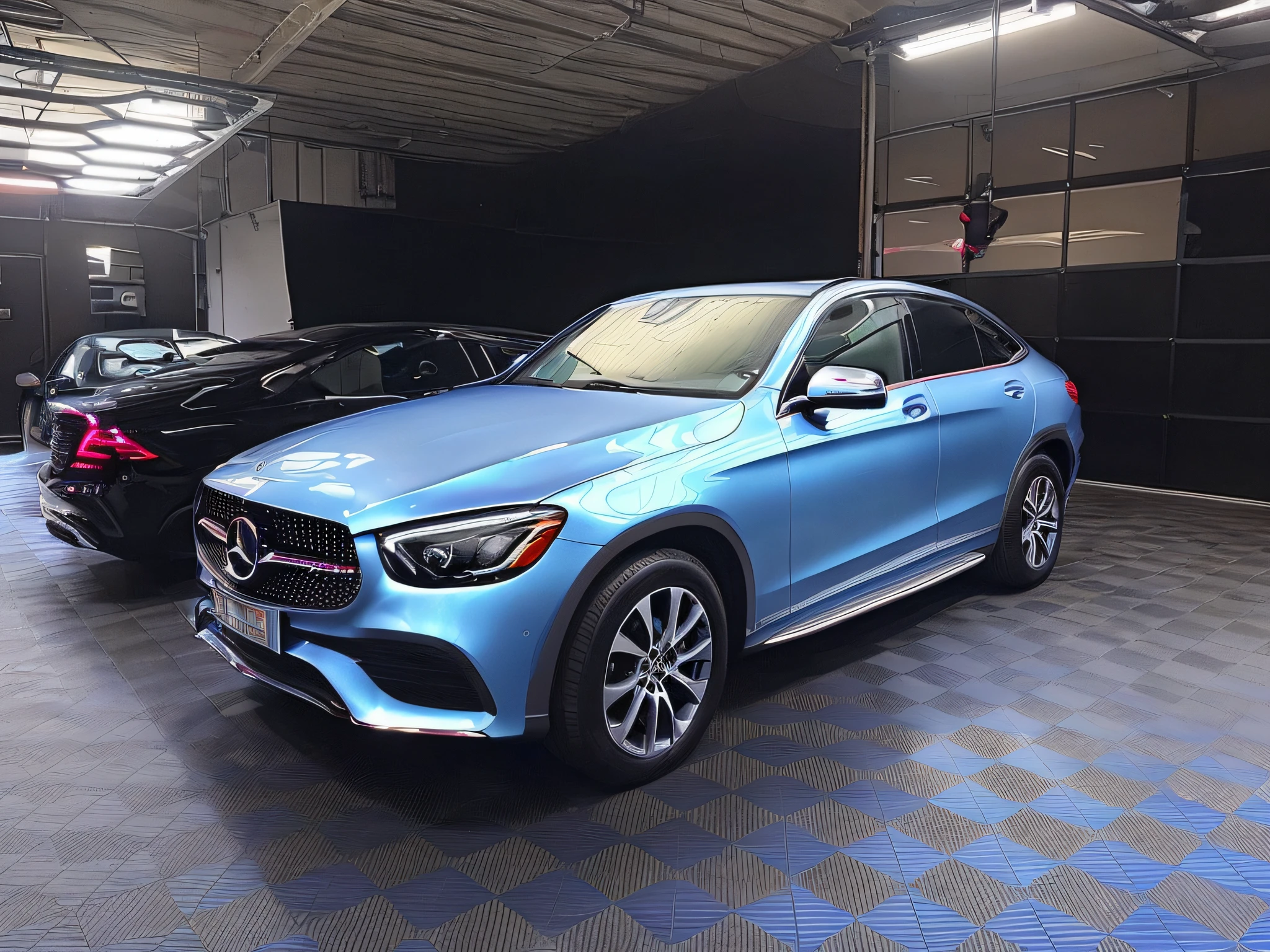 view of a red Mercedes SUV, parked in the garage, 2 0 % Pearlescent detailing, glossy soft blue m., Mercedes, Mercedes Benz, Shot on iPhone 14 Pro, Shot on iPhone 1 3 Pro, front side full, Shot on iPhone 1 3 Pro, Complete device, front facing, 🤬 🤮 💕 🎀, Front profile
