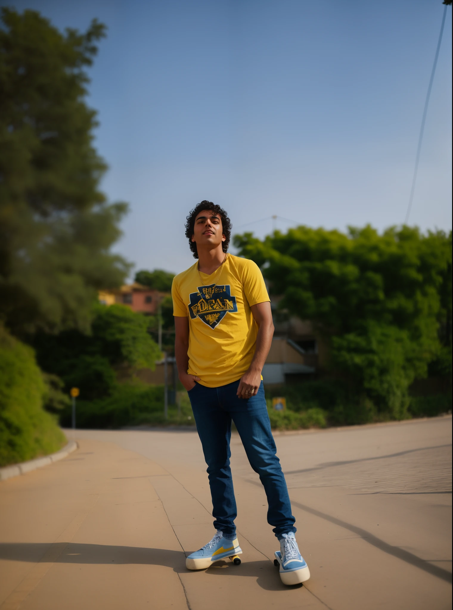 arafed man in a yellow shirt and blue jeans standing on a skateboard, wearing a modern yellow tshirt, full body photogenic shot, with a cool pose, standing in road, very very low quality picture, standing in street, mid shot portrait, casual photography, during golden hour, distant full body shot, shot at golden hour, standing in a township street