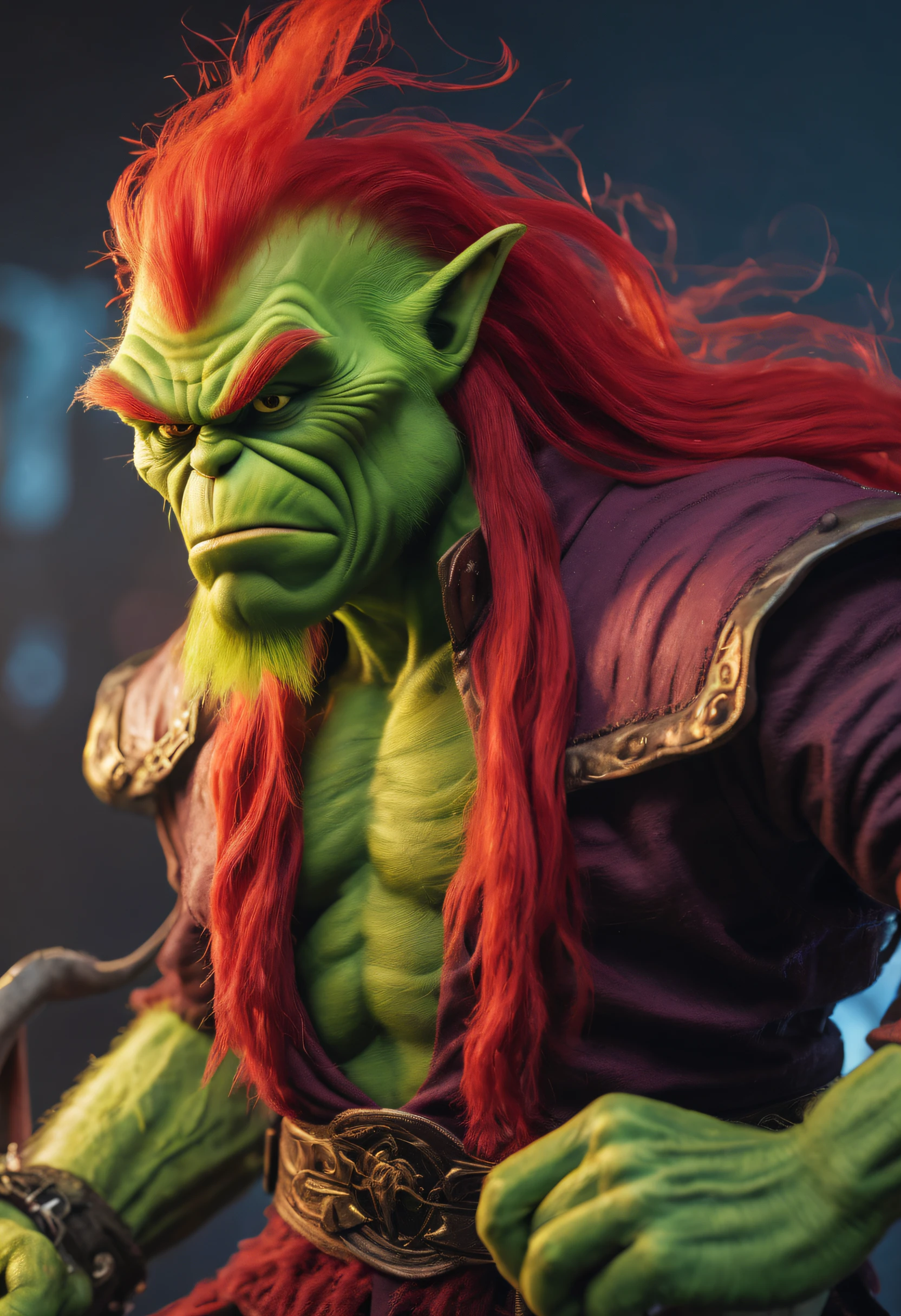 (Best quality at best),detailed back ground,Red-haired Grinch,Martial Arts Grinch,Red Grinch wears Thanos suit,The art of fighting,with sword,Powerful power,Red-haired old monster,Ominous old age