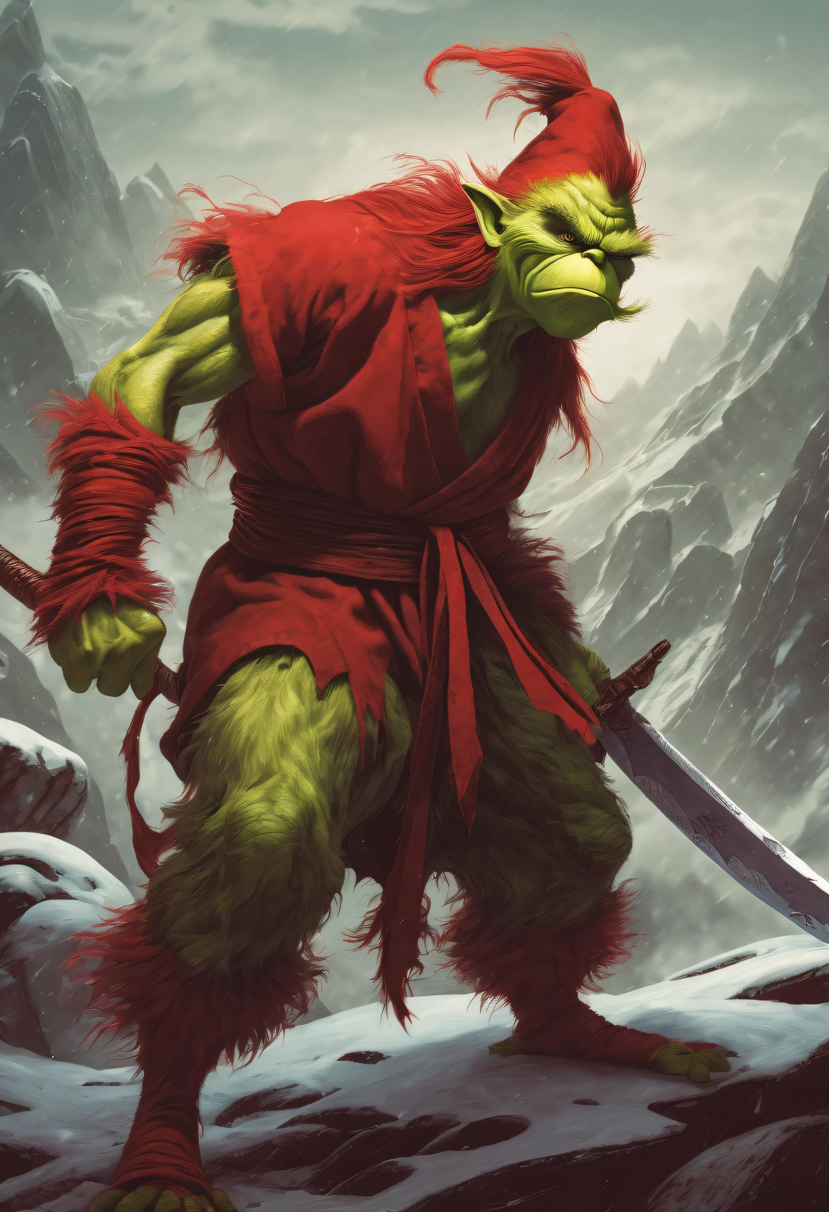 (Best quality at best),detailed back ground,Red-haired Grinch,Martial Arts Grinch,Red Grinch,The art of fighting,with sword,Powerful power,Red-haired old monster,Ominous old age