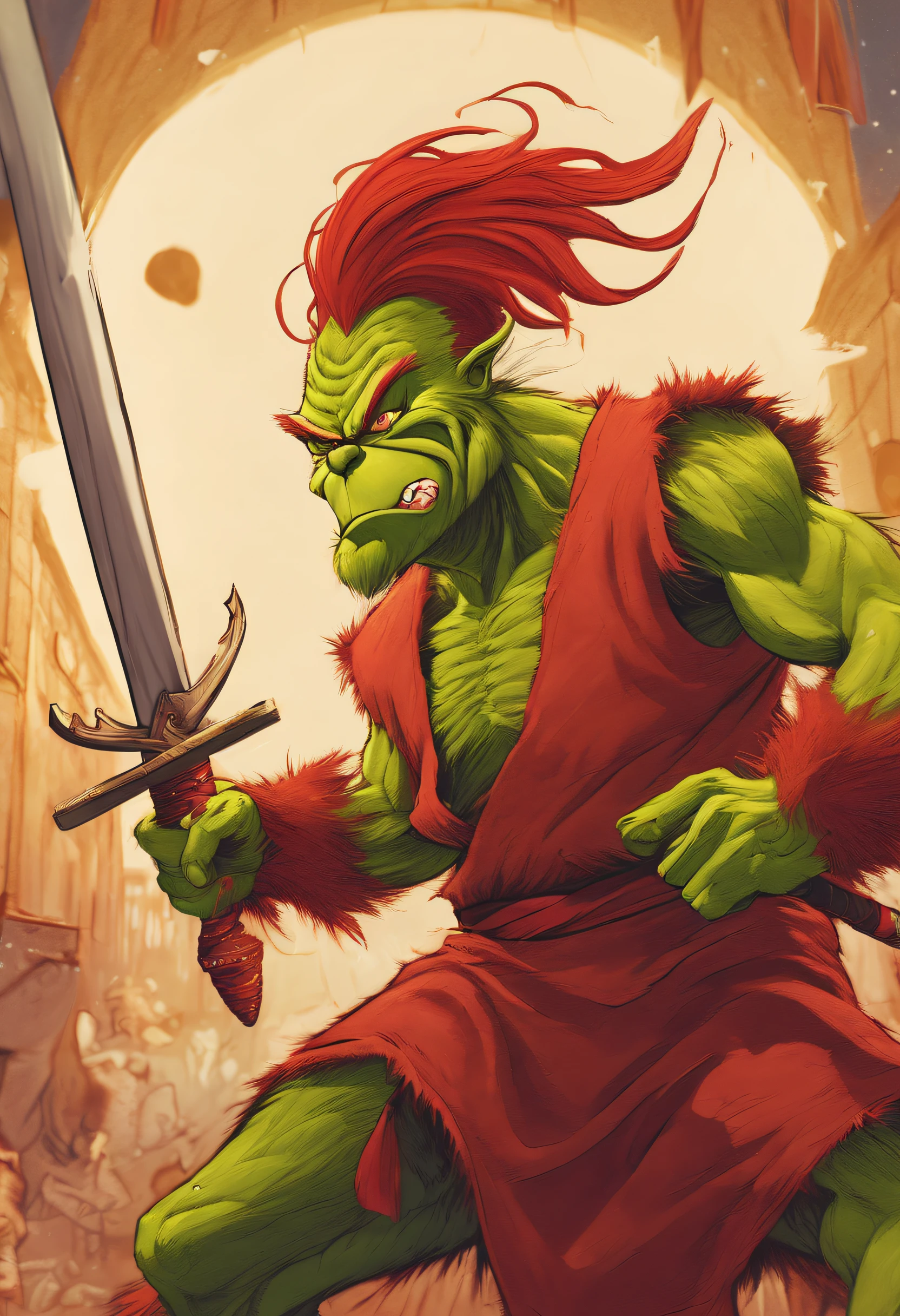 (Best quality at best),detailed back ground,Red-haired Grinch,Martial Arts Grinch,Red Grinch,The art of fighting,with sword,Powerful power,Red-haired old monster,Ominous old age