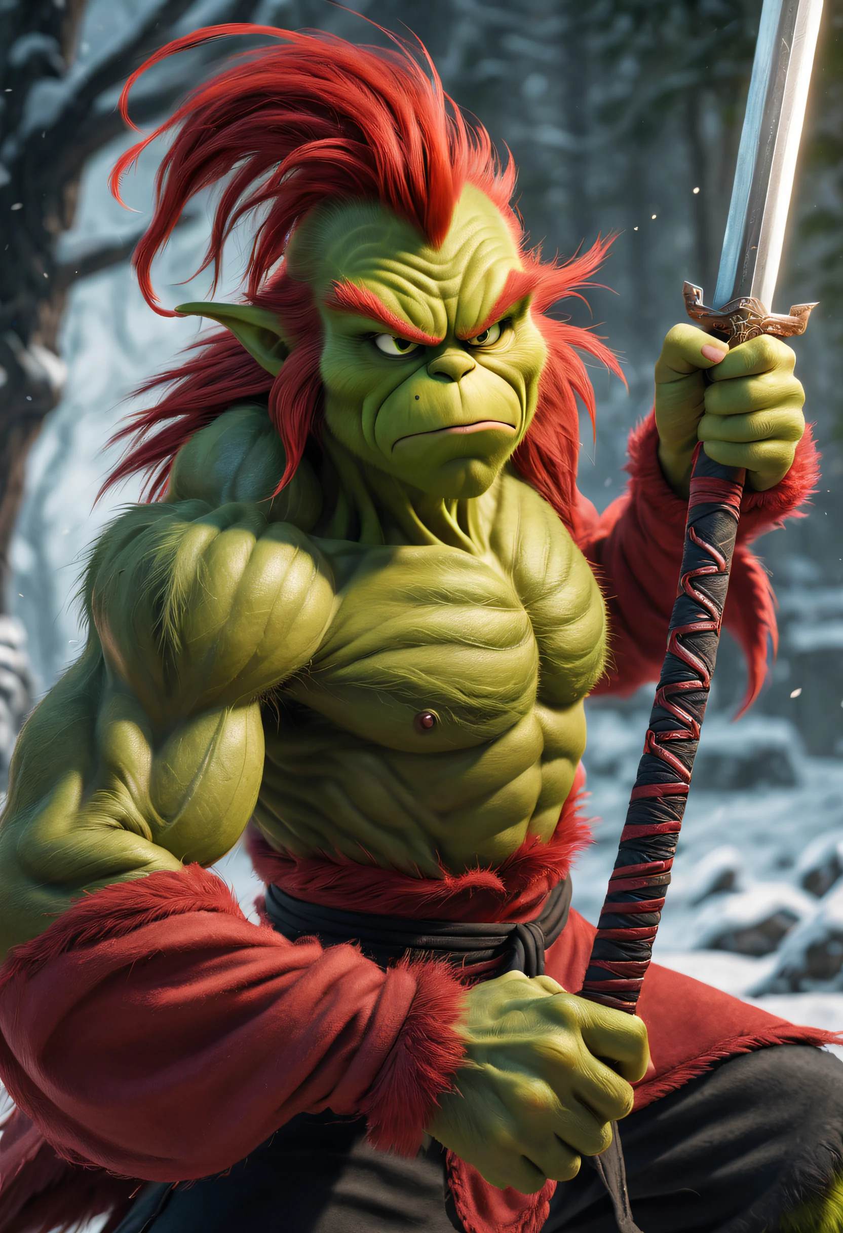 (Best quality at best),detailed back ground,Red-haired Grinch,Martial Arts Grinch,Red Grinch,The art of fighting,with sword,Powerful power,Red-haired old monster,Ominous old age