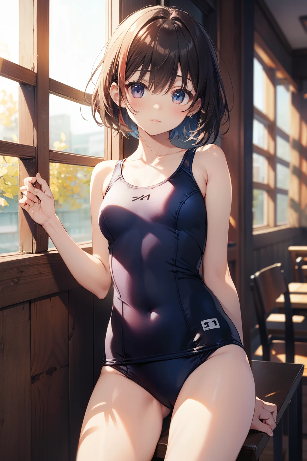 top-quality、Full limbs、complete fingers、Slender beauty、Bery short hair、knee high、white pink school swimsuit、Small eyes、Colored leaves