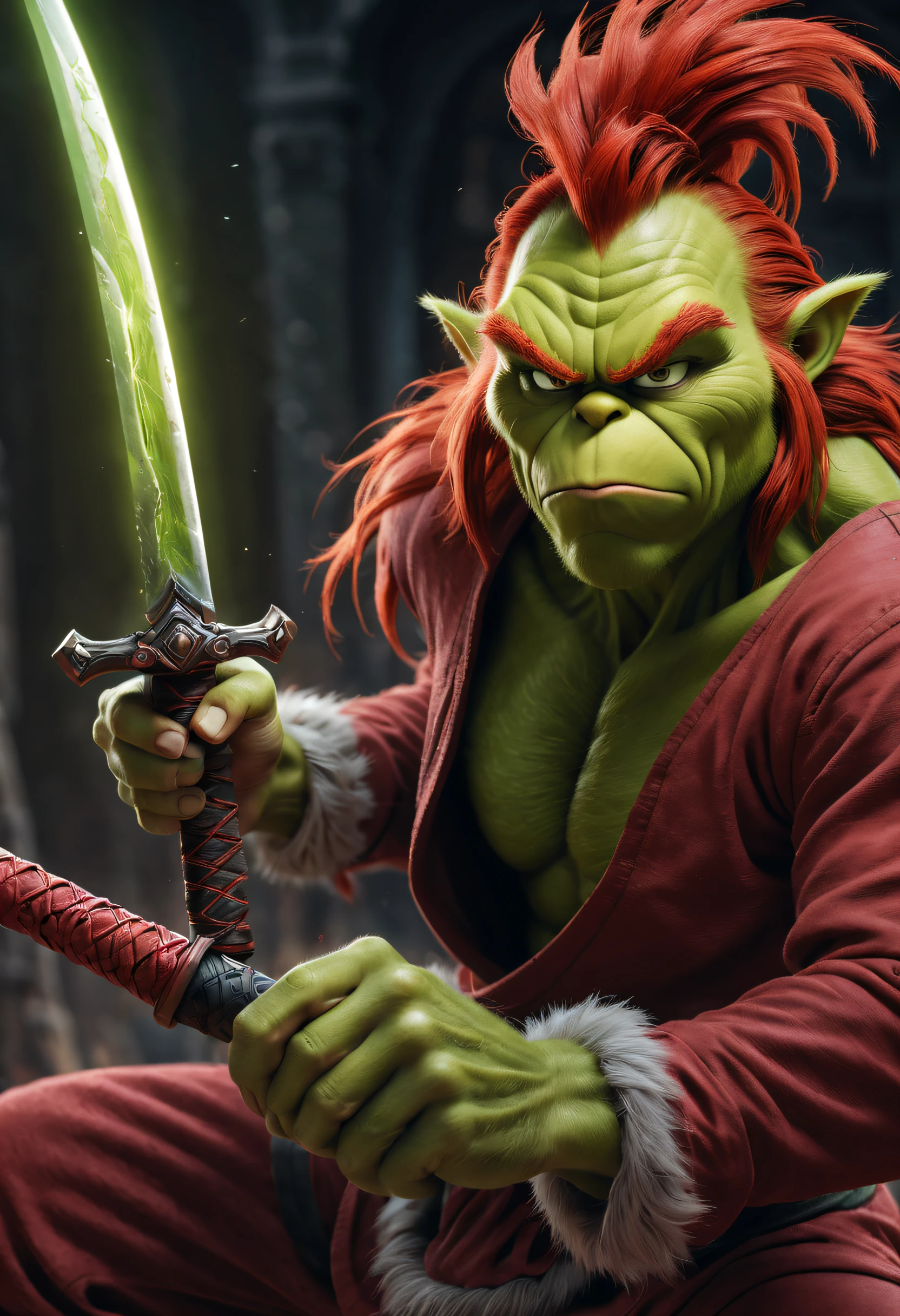 （Best quality at best），detailed back ground，Red-haired Grinch，Martial Arts Grinch，Red Grinch，The art of fighting，with sword，Powerful power，Red-haired old monster，Ominous old age