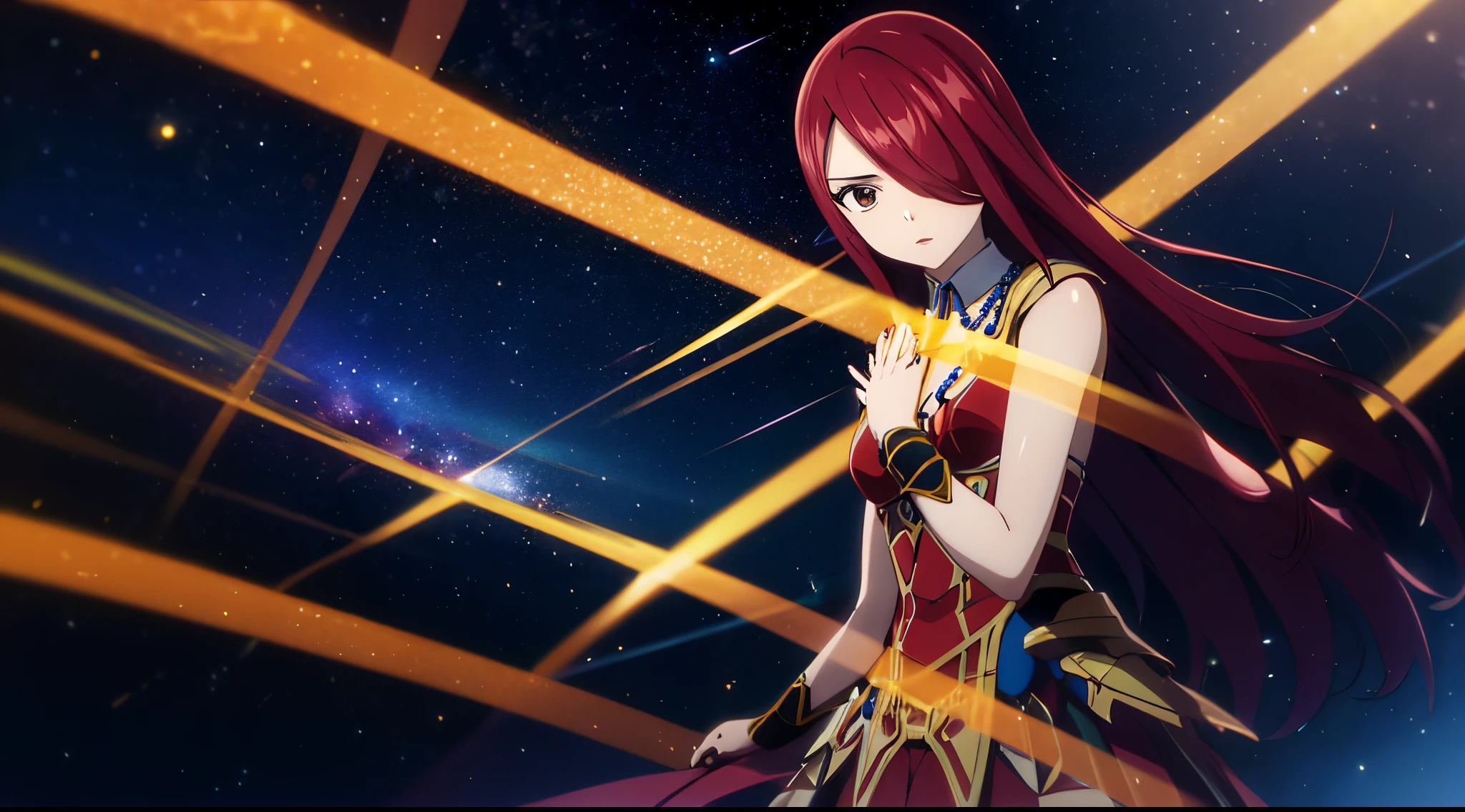 erza, 1girl, solo, long_hair, medium breasts,brown_eyes,red_hair,hair over one eye, standing, looking at viewer,golden knight armor pauldrons, praying beads on neck, long skirt,desert night sky nebulae,anime style,deep depth of field,wide angle view,Lumen Reflections,Screen Space Reflections,Diffraction Grading,Chromatic Aberration,GB Displacement,Scan Lines,Ray Traced,Anti-Aliasing,FXAA,TXAA,RTX,SSAO,Shaders,OpenGL-Shaders,GLSL-Shaders,Post Processing,Post-Production,cell Shading,Tone Mapping,CGI,VFX,SFX,insanely detailed and intricate, 4K