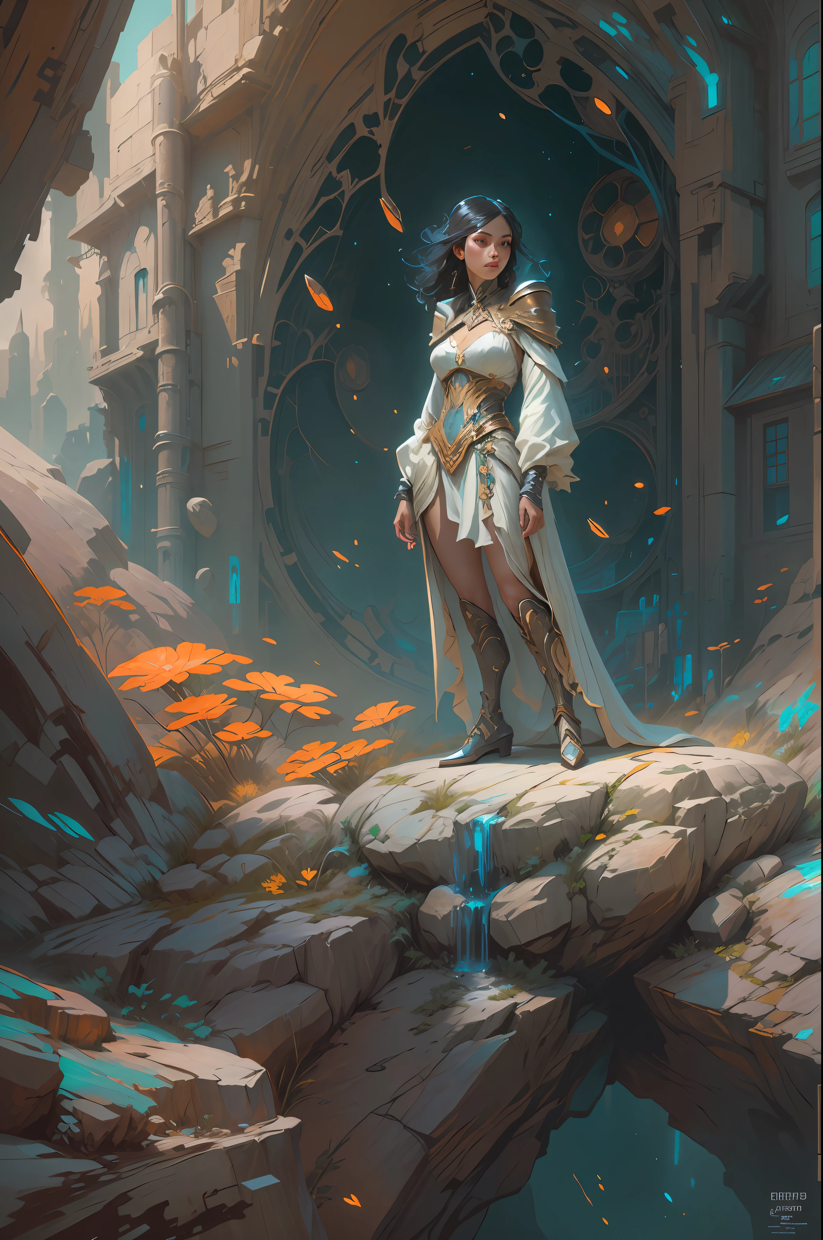 Portrait of a girl standing on a marvelous stone, standing gitl:1.2, (Low contrast ), colorfantasystyle, Oil painting on matte canvas, sharp detailed, the expanse scifi spacescape ceres colony, Intricate, Highly detailed, Digital painting, plethora of colors, smooth, Sharp focus, illustration, Unreal Engine 5, 8K, art by artgerm and greg rutkowski and alphonse mucha , art by midjourney