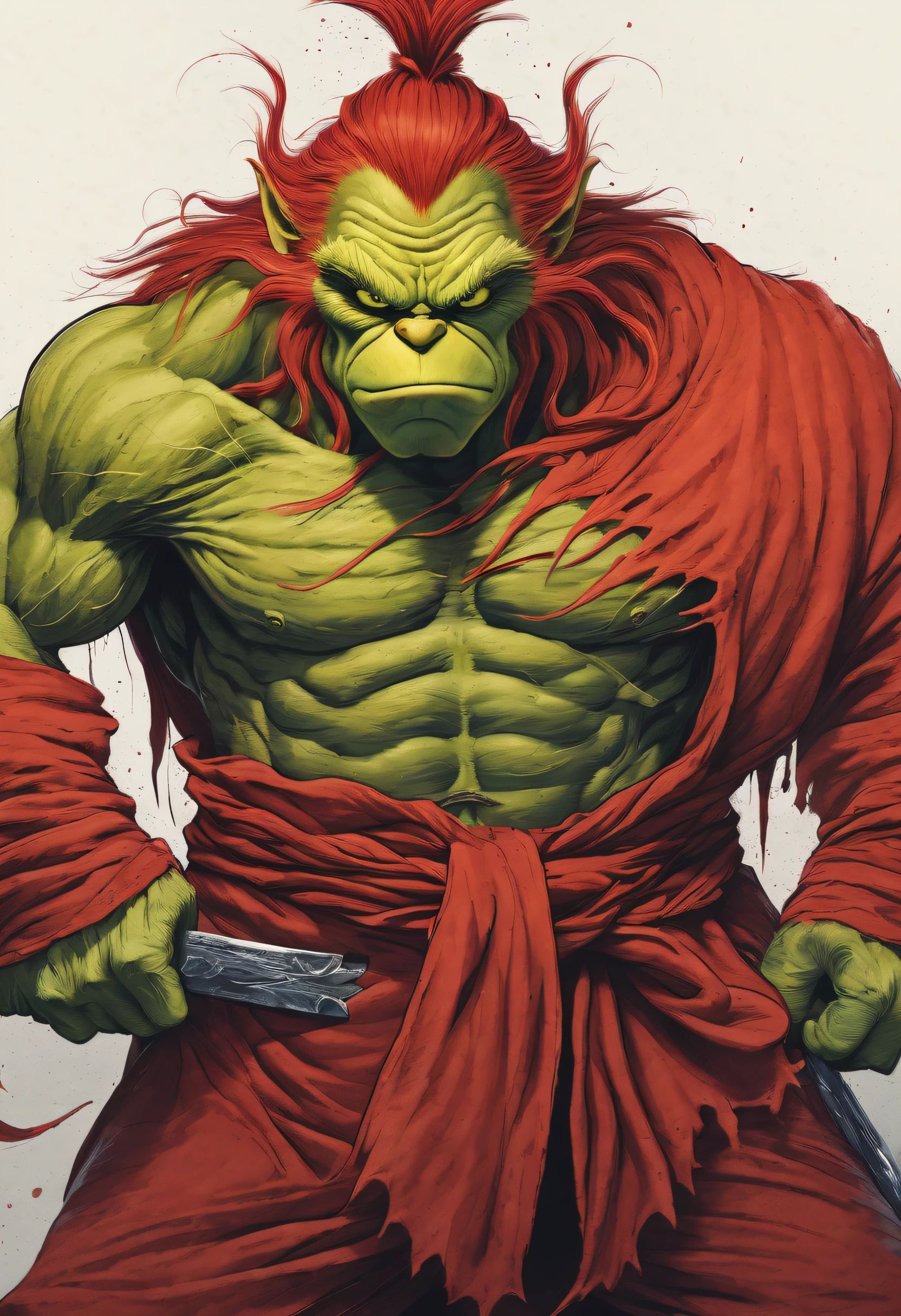(Best quality at best),detailed back ground,Red-haired Grinch,Martial Arts Grinch,Red Grinch,The art of fighting,with sword,Powerful power,Red-haired old monster,Ominous old age