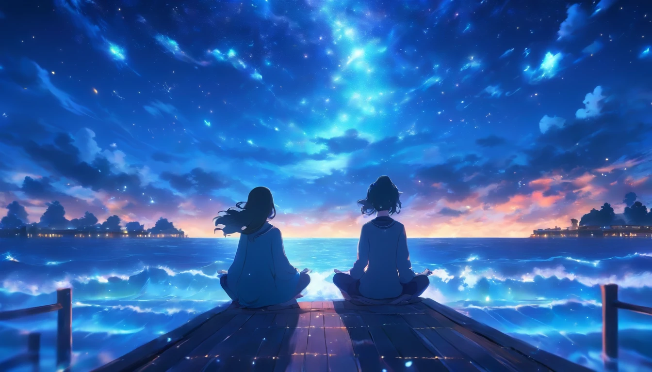 A girl meditating on a pier at night looking up at the starry sky at a sea churning with waves